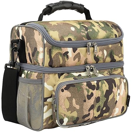 FlowFly Double Layer Cooler Insulated Lunch Bag Adult Lunch Box Large Tote Bag for Men, Women, With Adjustable Strap,Front Pocket and Dual Large Mesh Side Pockets,Multicam