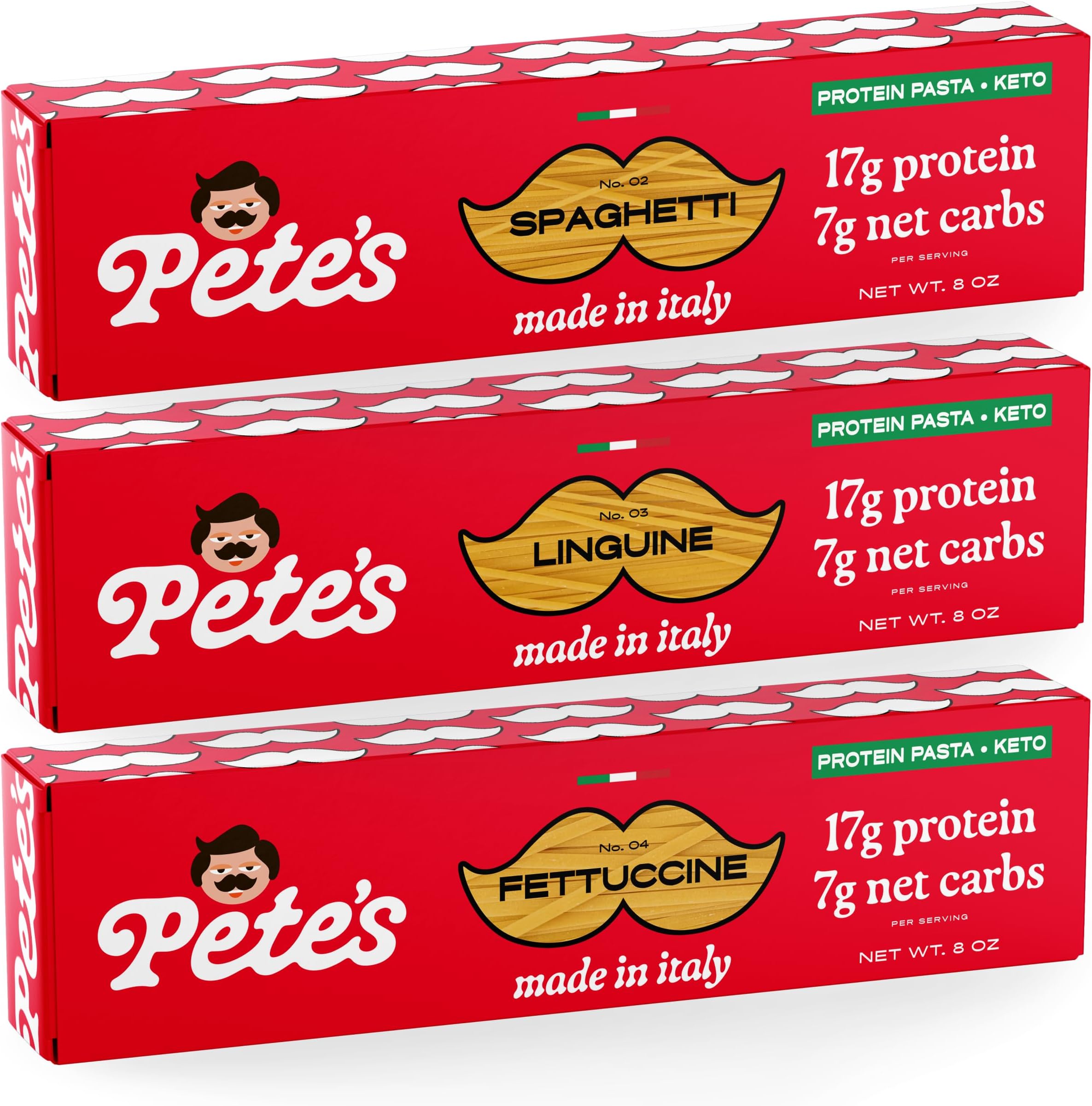Low Carb, Protein Pasta Variety | Spaghetti, Fettuccine, Linguine with 17g Protein, 7g Carbs | Healthy, Keto Pasta Made in Italy | 3-Pack, 8oz - Pete’s Pasta