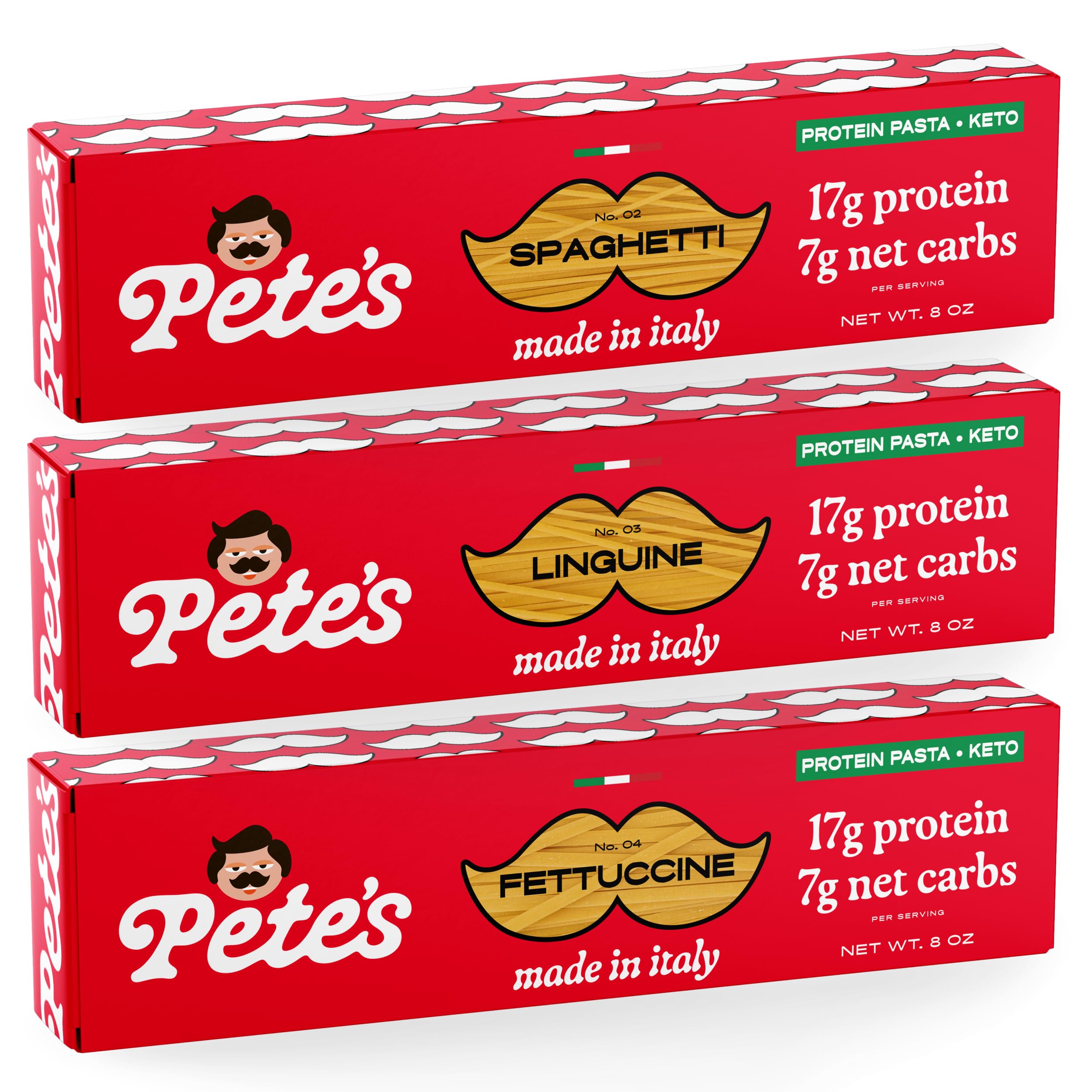 - Low Carb, Protein Pasta Variety | Spaghetti, Fettuccine, Linguine with 17g Protein, 7g Carbs | Healthy, Keto Pasta Made in Italy | 3-Pack, 8oz - Pete’s Pasta