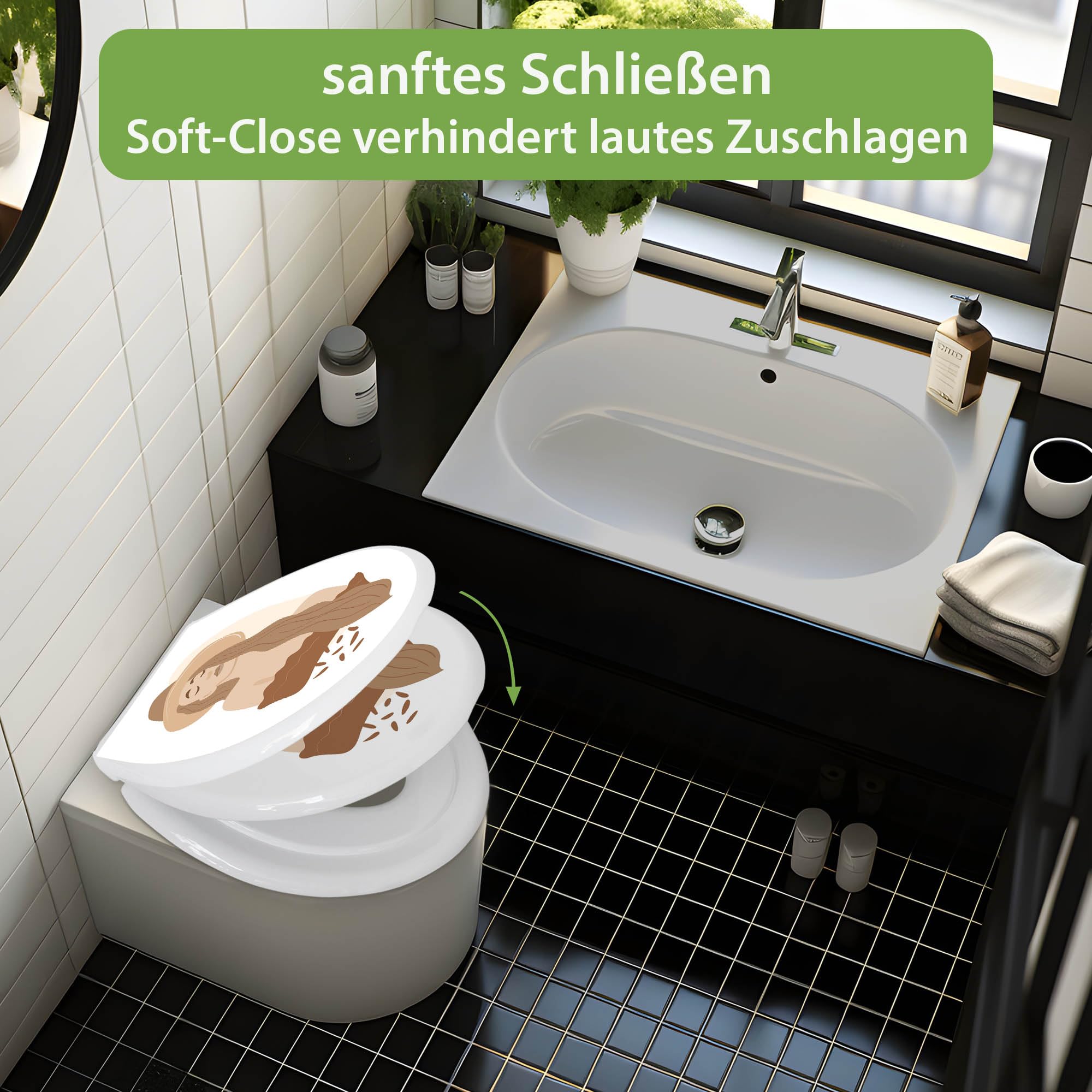 banjado Familien WC Sitz mit Absenkautomatik 44,9x37,1cm - Klobrille mit Kindersitz aus hochwertigem Polypropylen - Toilettendeckel mit Kinder Toilettensitz integriert - Motiv Boho Frau