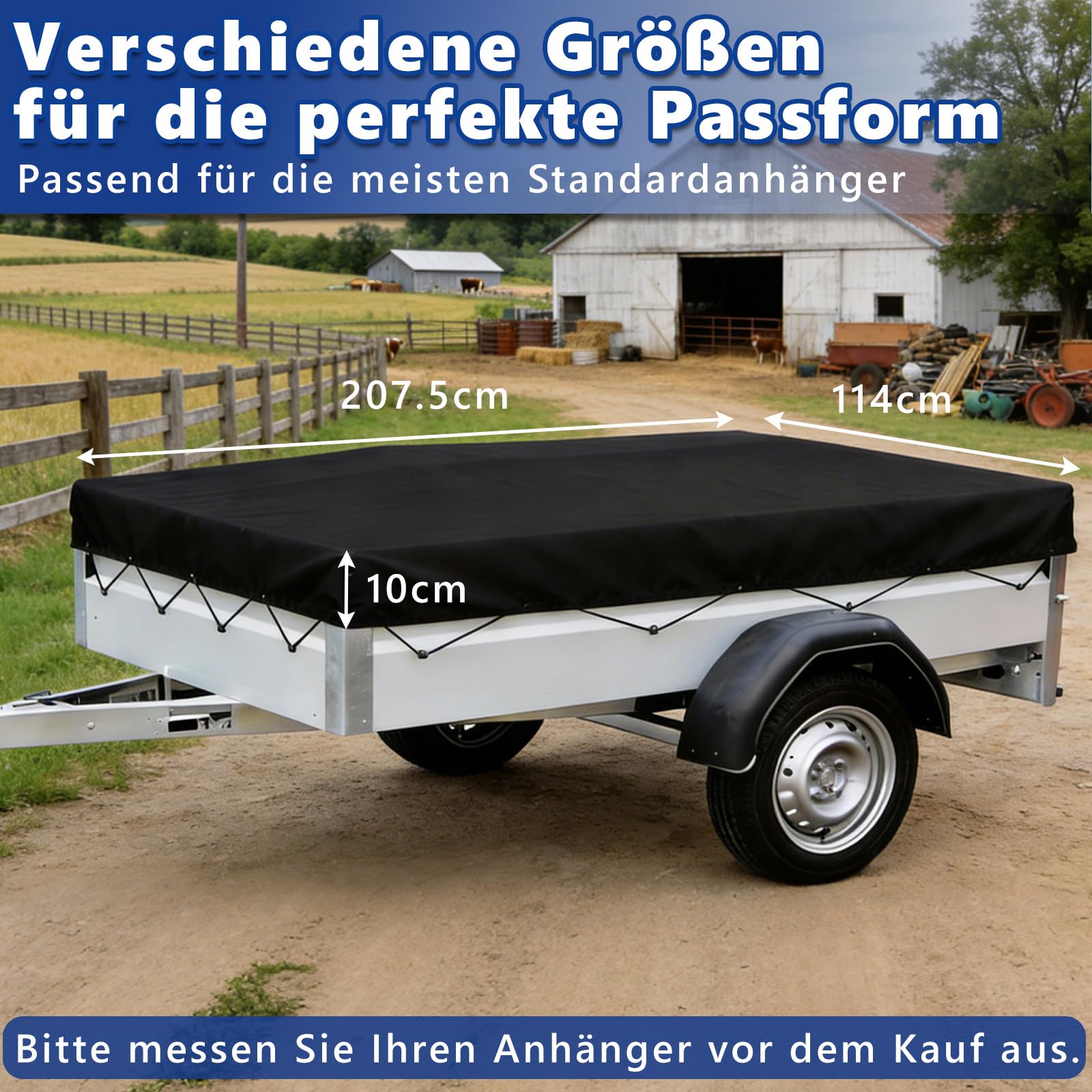 Bâche de remorque de qualité supérieure - 207,5 x 114 cm (bord 10 cm) - Tissu Oxford 600D noir - Extra indéchirable et imperméable - Bâche plate avec corde d'extension et coins renforcés - Bâche