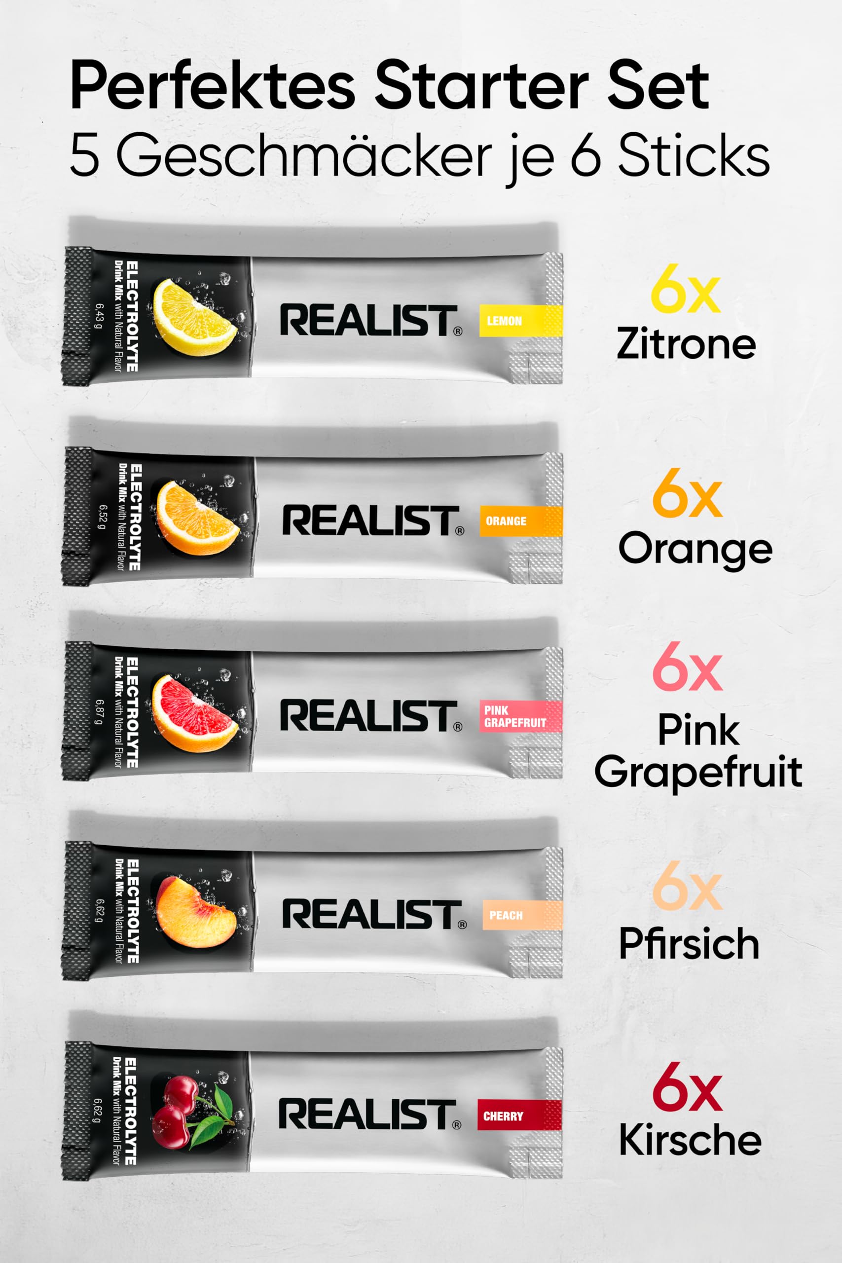 REALIST® Electrolitos sin azúcar – Polvo electrolito con 1000 mg de sodio, 330 mg de potasio y 60 mg de magnesio – Hidratación Rápida – Deportes, KETO, ayuno (30 sobres, paquete de muestra (5