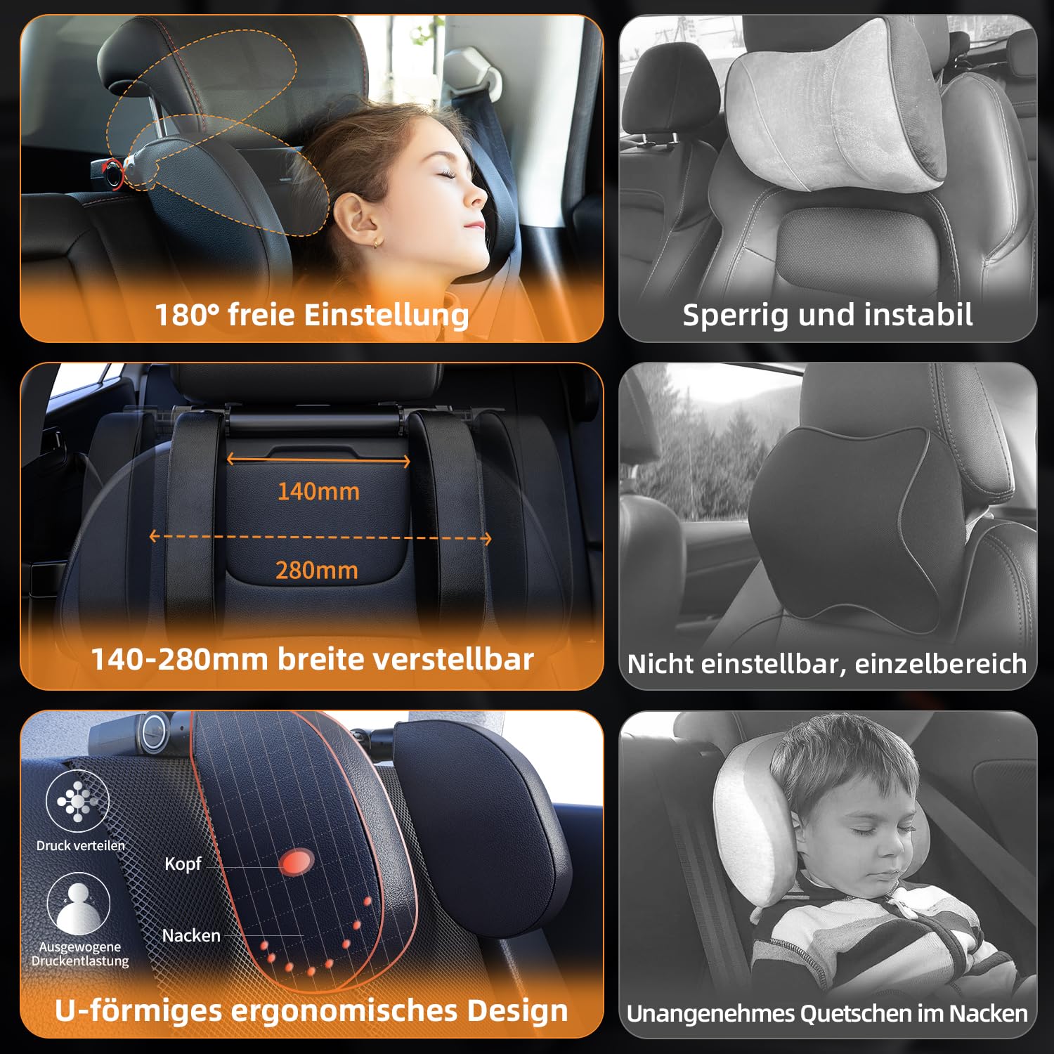 Kopfstütze Auto Kinder, 180 Grad Verstellbares Nackenkissen, Nackenstütze für Kinder und Erwachsene, Kopf- und Nackenstütze