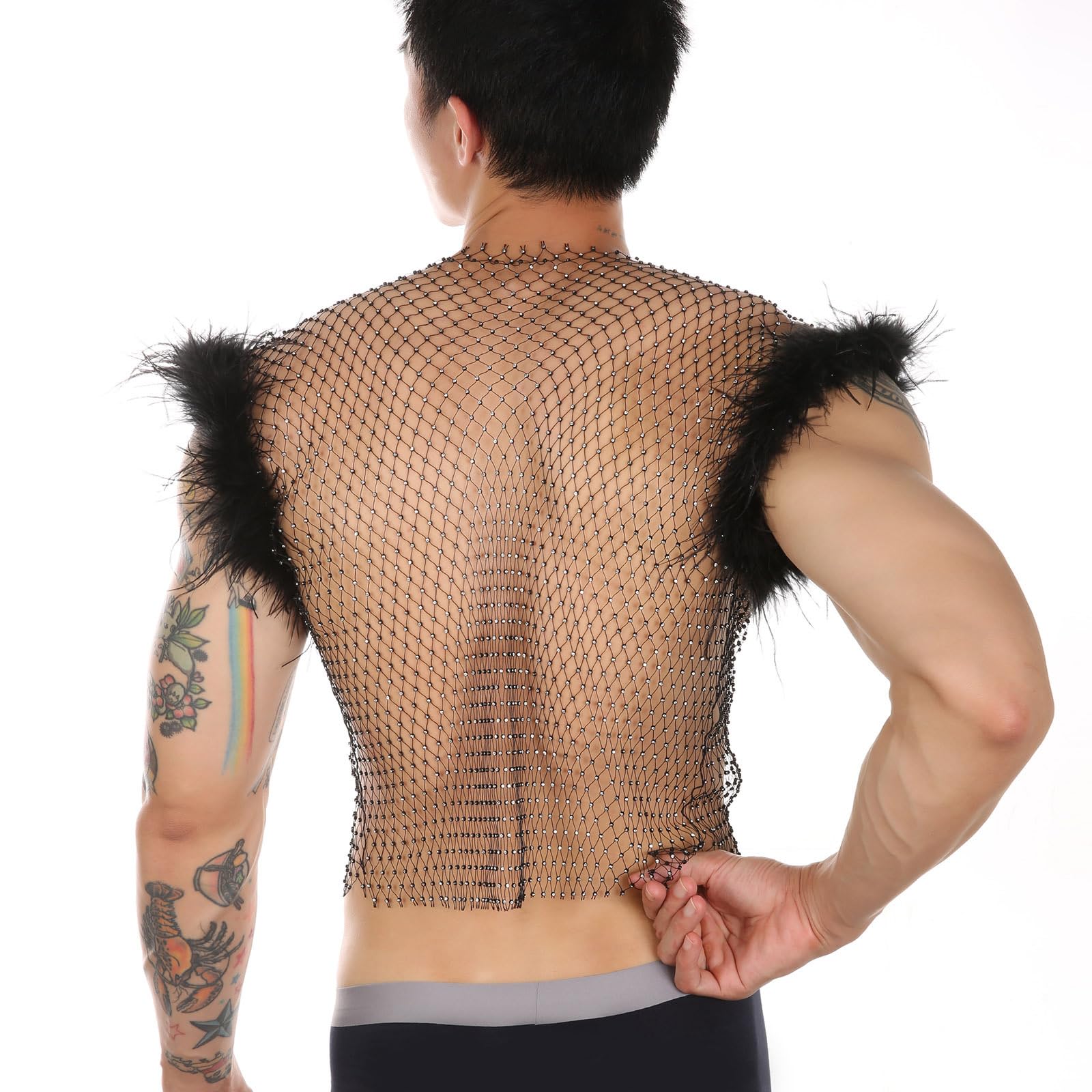 RUIXIA Débardeurs en Résille avec Strass pour Hommes Haut Sexy et Pailletée Homme Gilet sans Manches en Résille Débardeurs Transparent pour Soirée Club