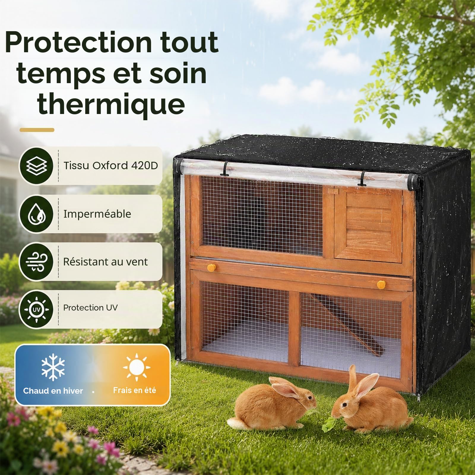 Housse de clapier double de 122,9 cm, coupe-vent, imperméable, thermique, pour cage à lapin, cochon d'Inde, enclos et clapiers d'extérieur pour petits animaux. Housse anti-poussière pour clapier pour