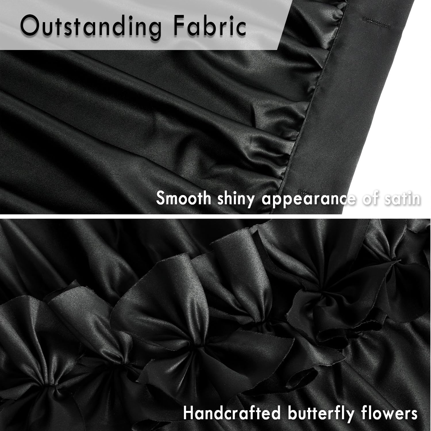 Black Ruffle Shower Curtain, Vintage Handcrafted Bow Tie Bath Curtain for Master Bathroom, Ruched Satin Bathroom Curtain with 12 Buttonholes, 72" W x 84" H (LQ-10)