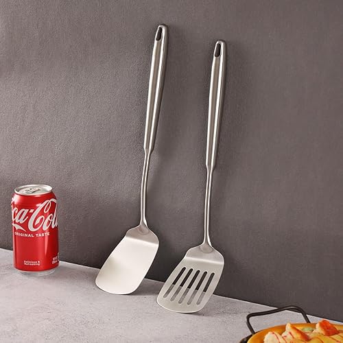 Miniatura 7 de Juego de espátulas de acero inoxidable 1810, espátulas de metal para uso en cocina o parrilla al aire libre, 14.7 pulgadas de largo, no tóxicas,