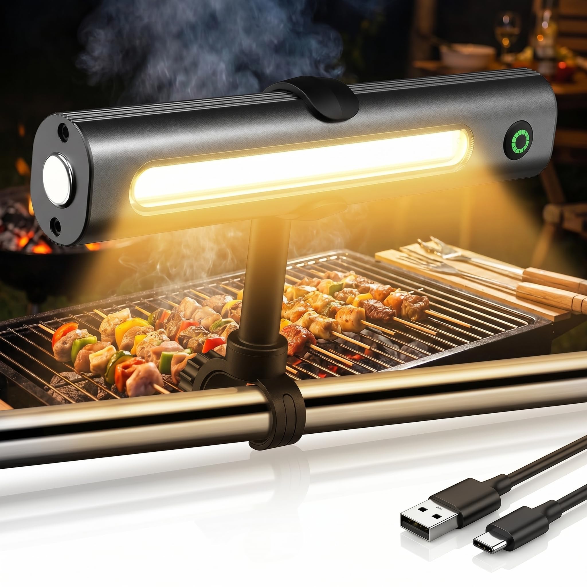 MQFORU Luz de parrilla LED 300 lúmenes, recargable por USB-C 2000mAh, lámpara de parrilla giratoria 360° con soporte, lámpara de parrilla magnética, iluminación de parrilla de acero inoxidable para