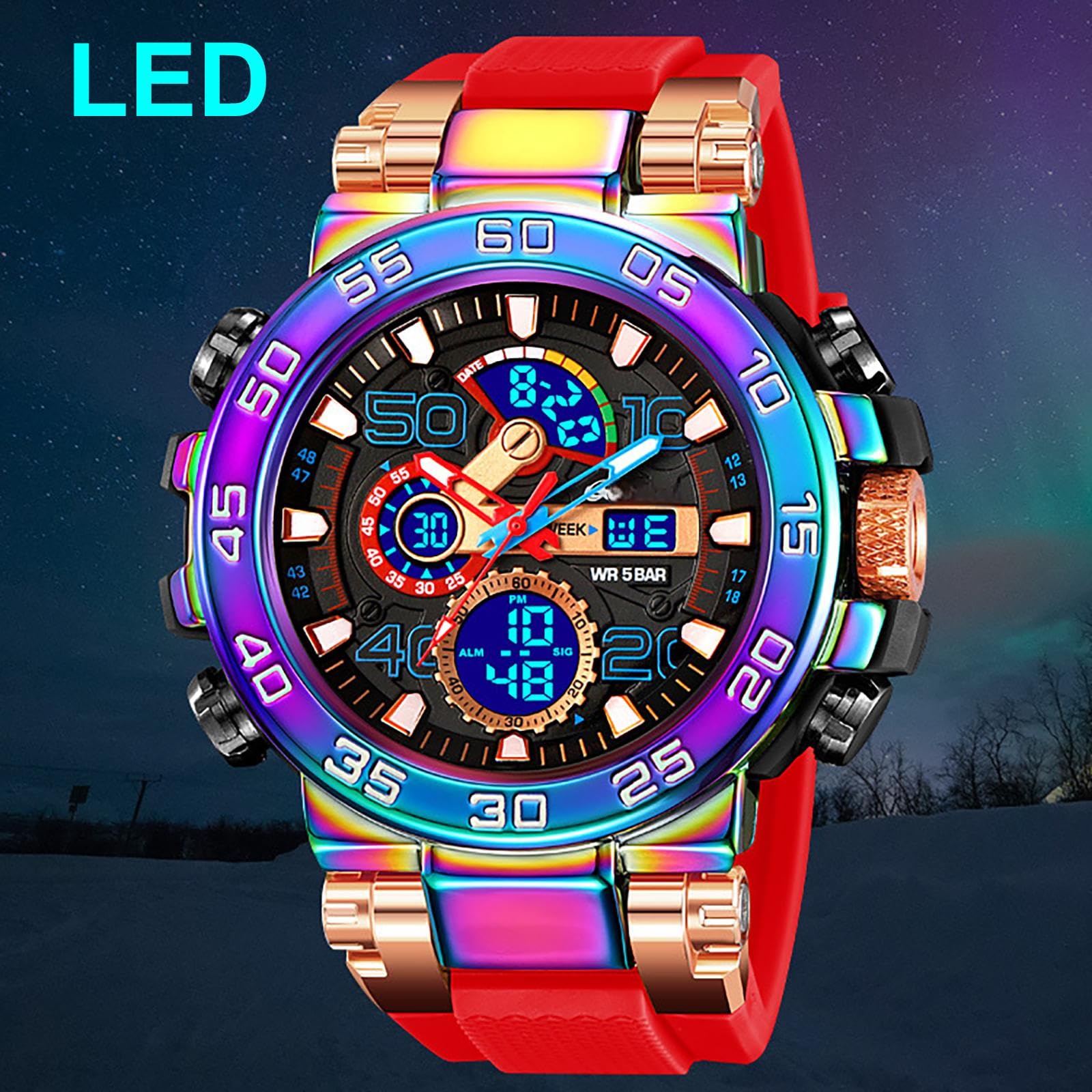 findtime Relojes deportivos para hombre, color naranja, para hombre, diseño de color, esfera grande, militar, con alarma de fecha, semana, LED, cronómetro, resistente al agua