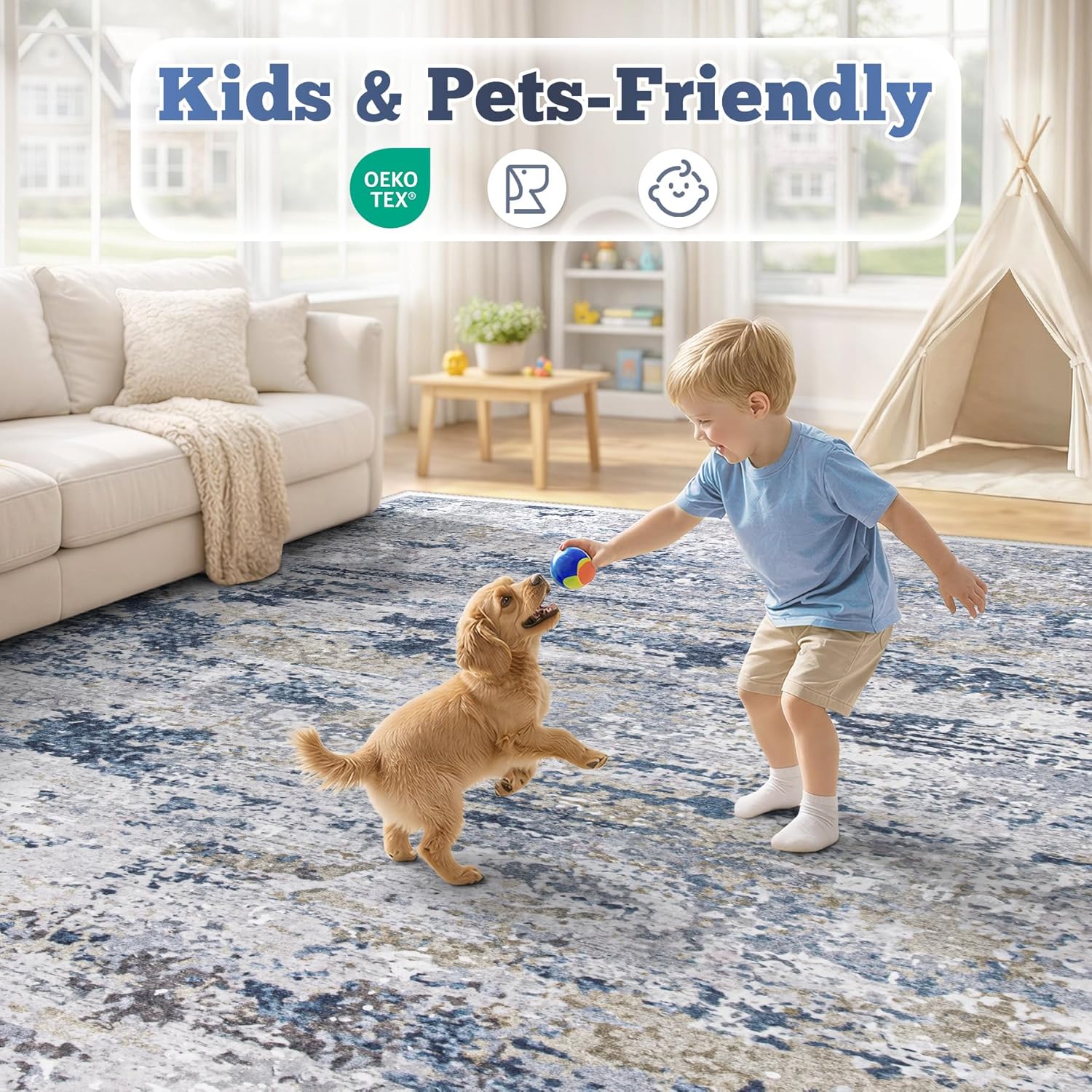 8x10 Area Rugs for Living Room: Washable Abstract Neutral Rug Large Modern Soft Non Slip Low Pile Rugs Floor Indoor Stain Resistant Carpet for Bedroom Dining Room Home Office (Blue, 8'x10')