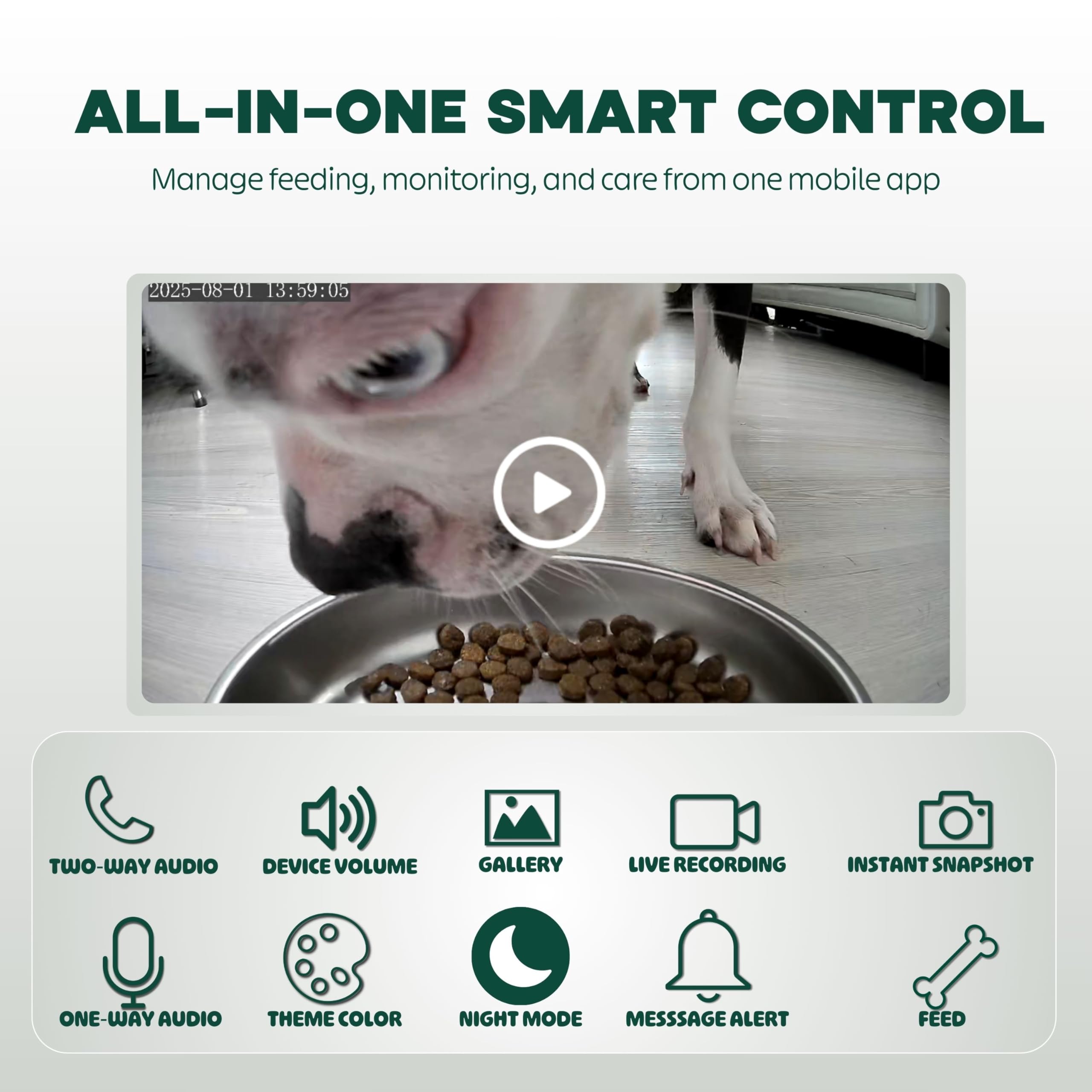 Mangiatoia automatica per gatti con telecamera HD 1080p, dispenser di cibo secco temporizzato per cani e gatti, controllo app, capacità 6 l, controllo delle porzioni, pasti programmati, audio