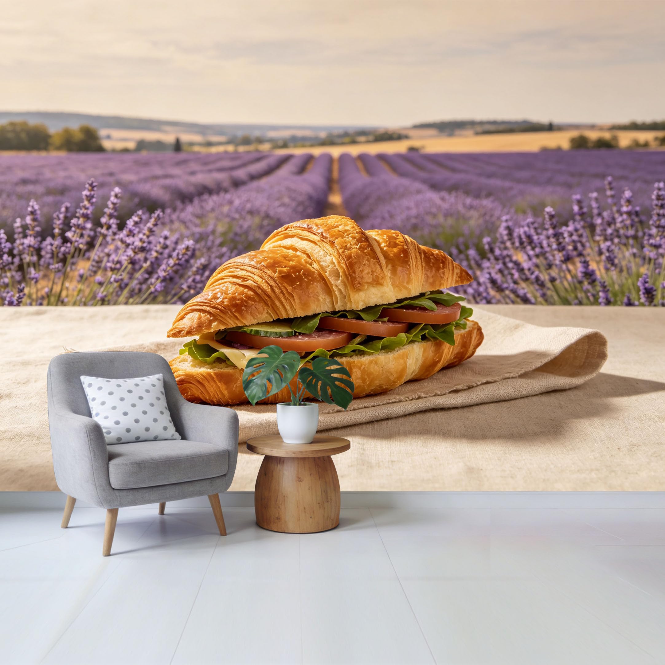 Qzlithotic Yq2605250511 Custom Size Wall Mural Gourmet Croissant Sandwich Lavender Field Landscape Photorealistic Selfadhesive Wall Fabric Removable Wallpaper For Home Office Decor