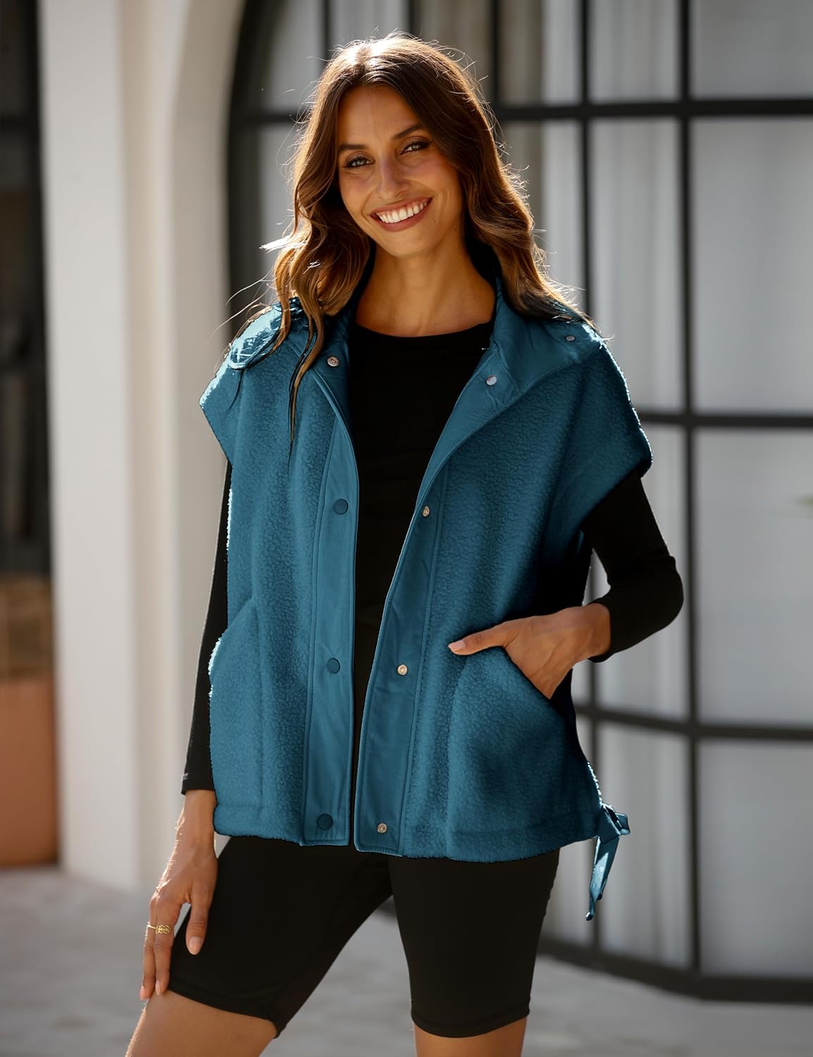 Gozoloma Women's Oversized Fleece Vest Sleeveless Casual Button Down Piecing Fuzzy Sherpa Gilet Jacket with Pockets - Image 3