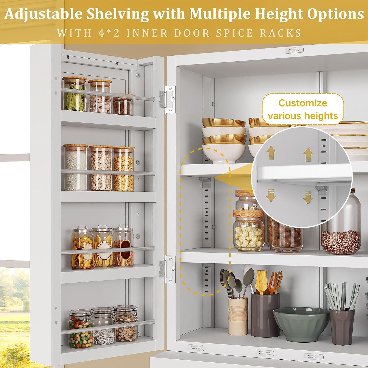 DWVO Metal Storage Cabinet, 71" Kitchen Pantry Cabinet with 4 Door & 4 Adjustable Shelves & Drawer & Door Rack, 6-Tier Tall White Steel Cabinets for Kitchen, Living Room, Dining Room
