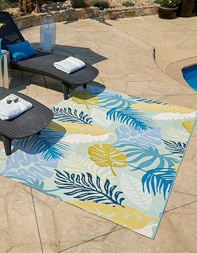 Unique Loom Outdoor Botanical Collection - Alfombra rectangular (7 pies 10 pulgadas x 10 pies, rectangular, multicolor azul)