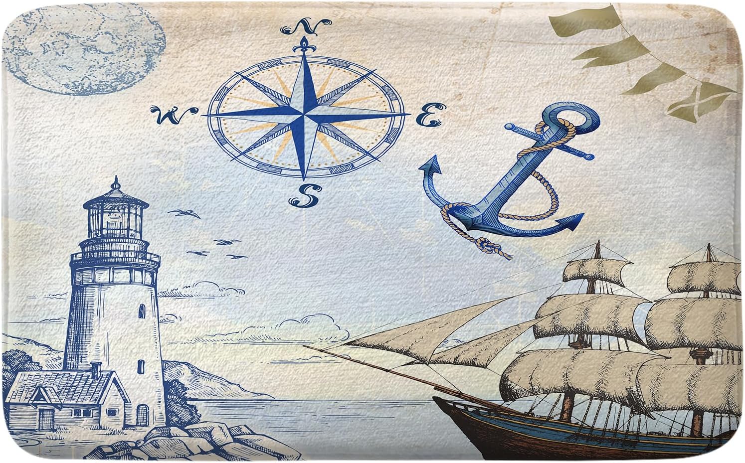 4Pcs Nautical Lighthouse Shower Curtain Sets, Sailboat Coastal Compass Anchor Bathroom Decor with Non-Slip Rugs, Toilet Lid Cover and Bath Mat, Waterproof Shower Curtains with 12 Hooks, 72 x 72 Inch