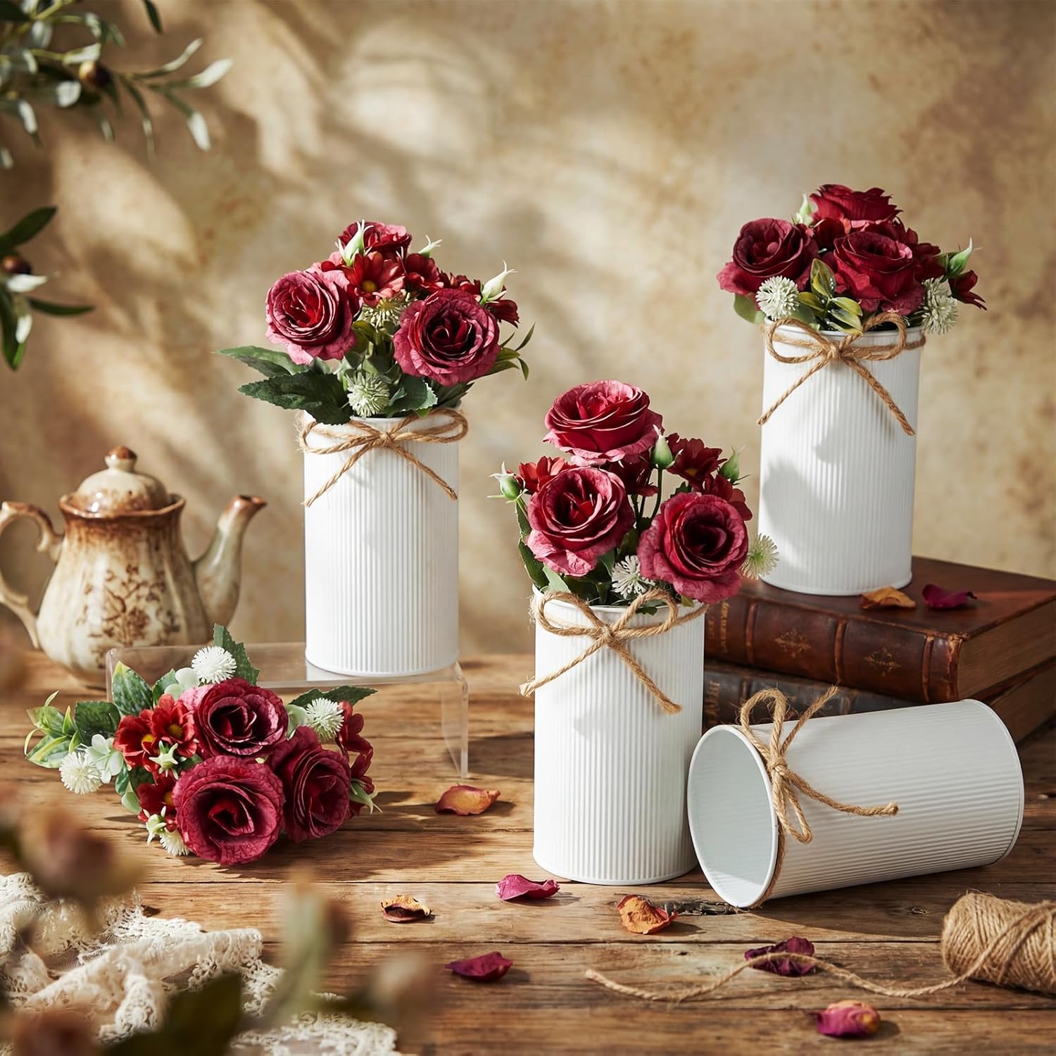 Domensi 6 Sets Valentine's Day Wedding Centerpiece for Table Decoration Red Artificial Fake Rose Flower with Metal Vase Faux Silk Rose Bouquet Floral Arrangement for Bridal Shower Home Dining - Image 2