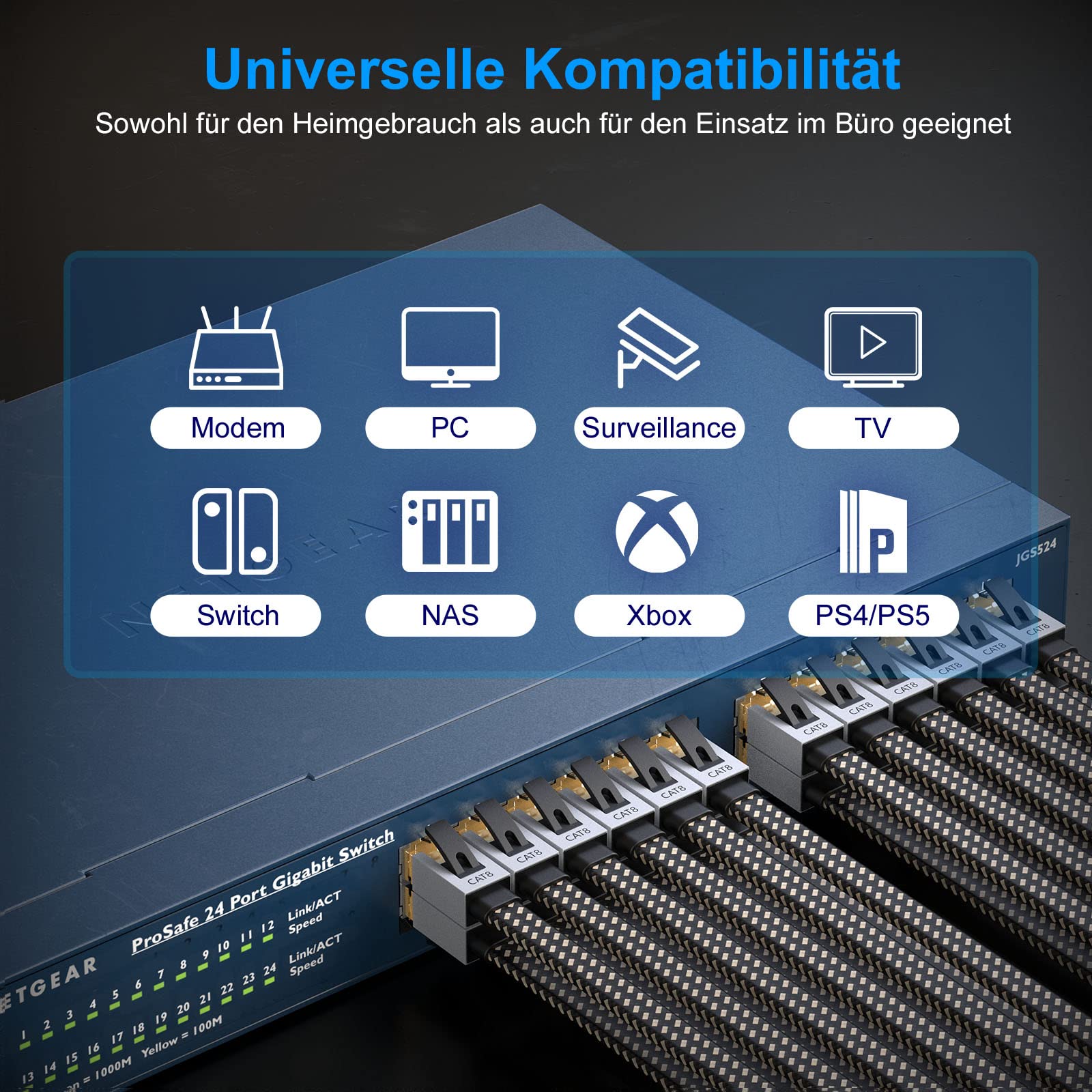Cat8 Ethernet Kabel 30M, Hohe Geschwindigkeit Nylon Braided Lan Patch Cord, 40Gbps 2000Mhz RJ45 Shielded Flat Cable, für Modem/Router/Switch, schneller als Cat5e/Cat6/Cat7