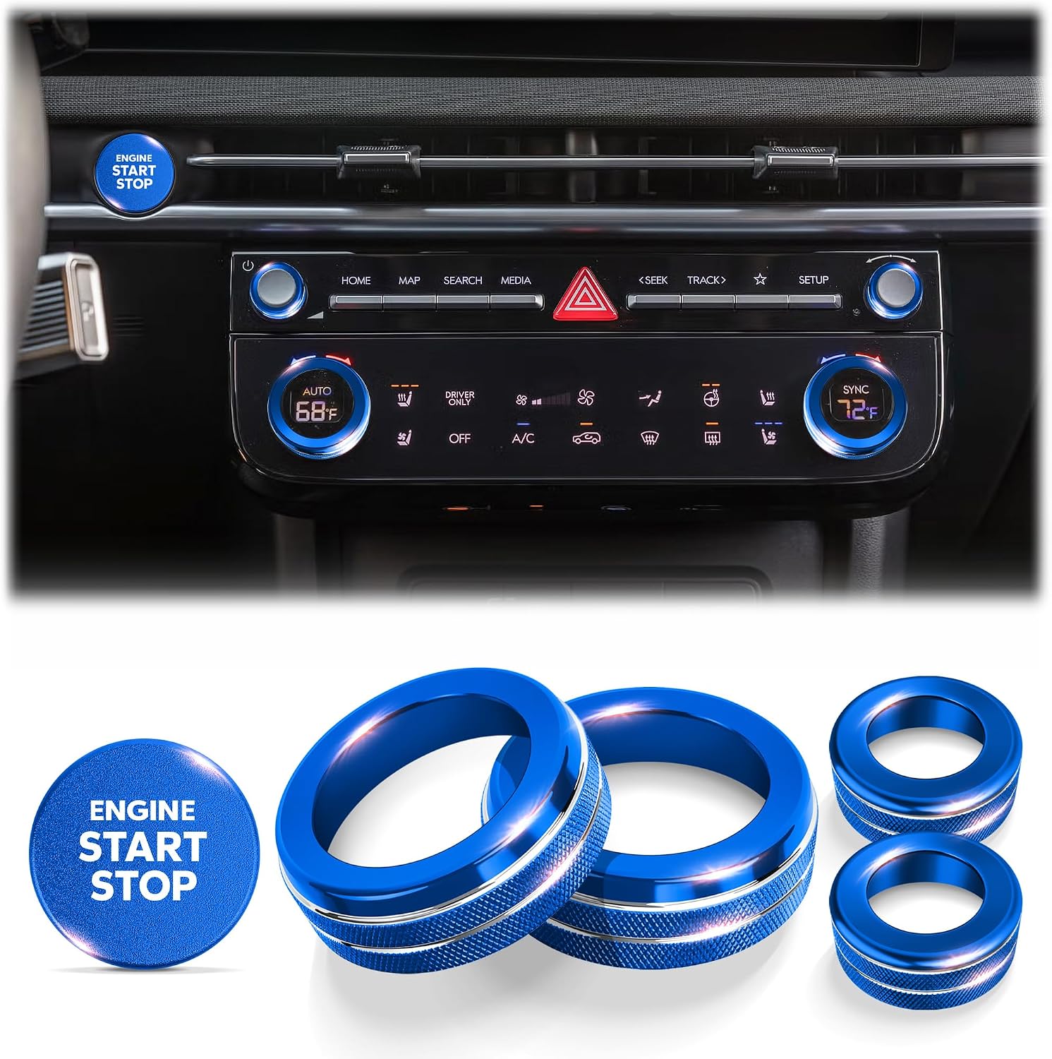 Interior Upgrade Accessories Compatible with 2025-2026 Hyundai Tucson & Santa Cruz (Not Fits SE Trim), 5-Piece Aluminum Knob Cover Trim Kit (Blue) for Push Start, A/C Climate & Volume Knob