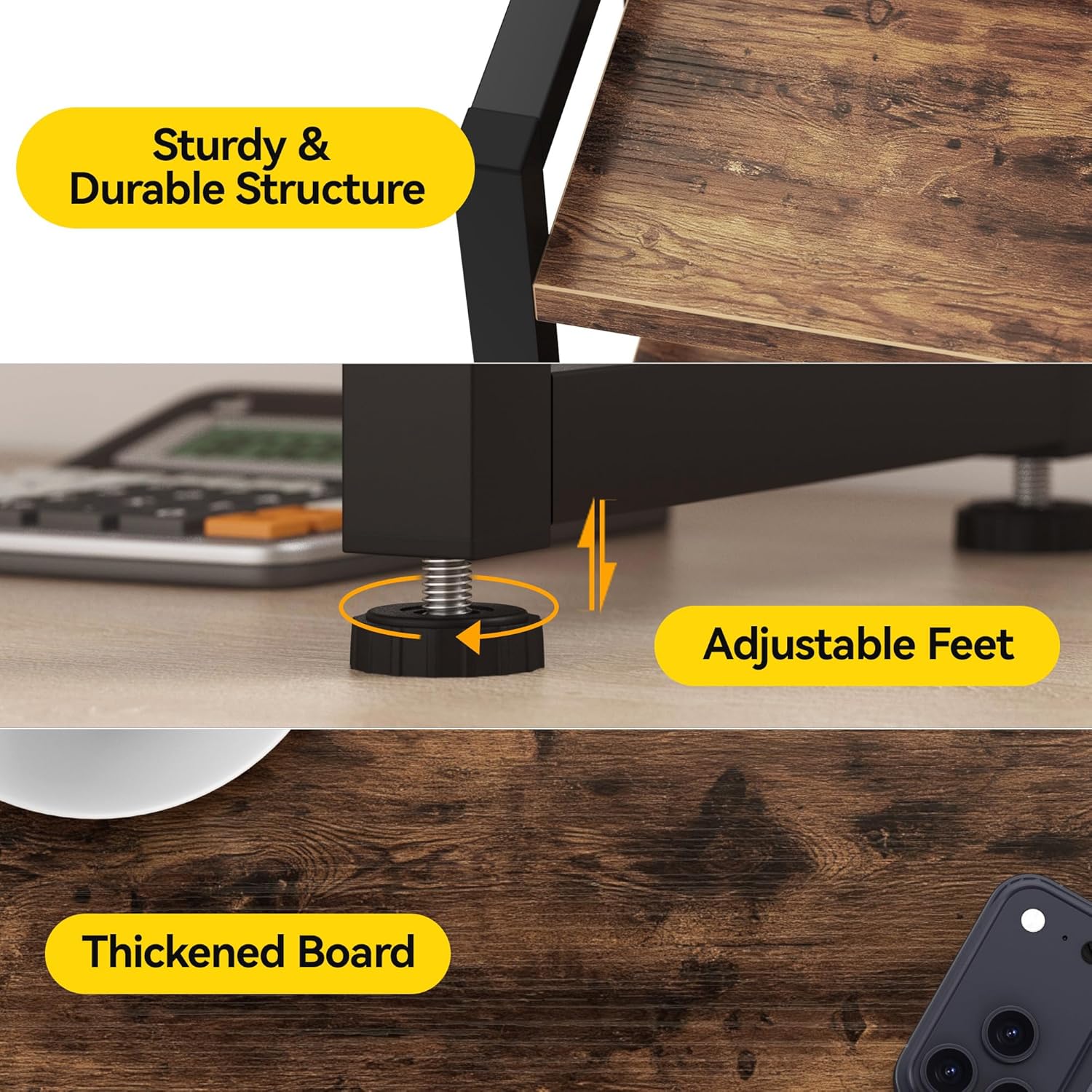 Kitchen Countertop Shelf Organizer, 3 Tier Large Kitchen Storage Spice Rack Cabinet Organizer with Metal Leg for Countertop Pantry, Coffee Bar Organizer, Bathroom Countertop Organizer, Rustic Brown