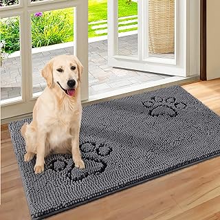 HOMEIDEAS Durable Chenille Absorbent Doormat Indoor, 24x36, Machine Washable Entryway Rug, for Muddy Shoes & Dog Paws, Non Slip Door Mat, Cute Two Paw Print Inside Door Mats for Entrance, Grey