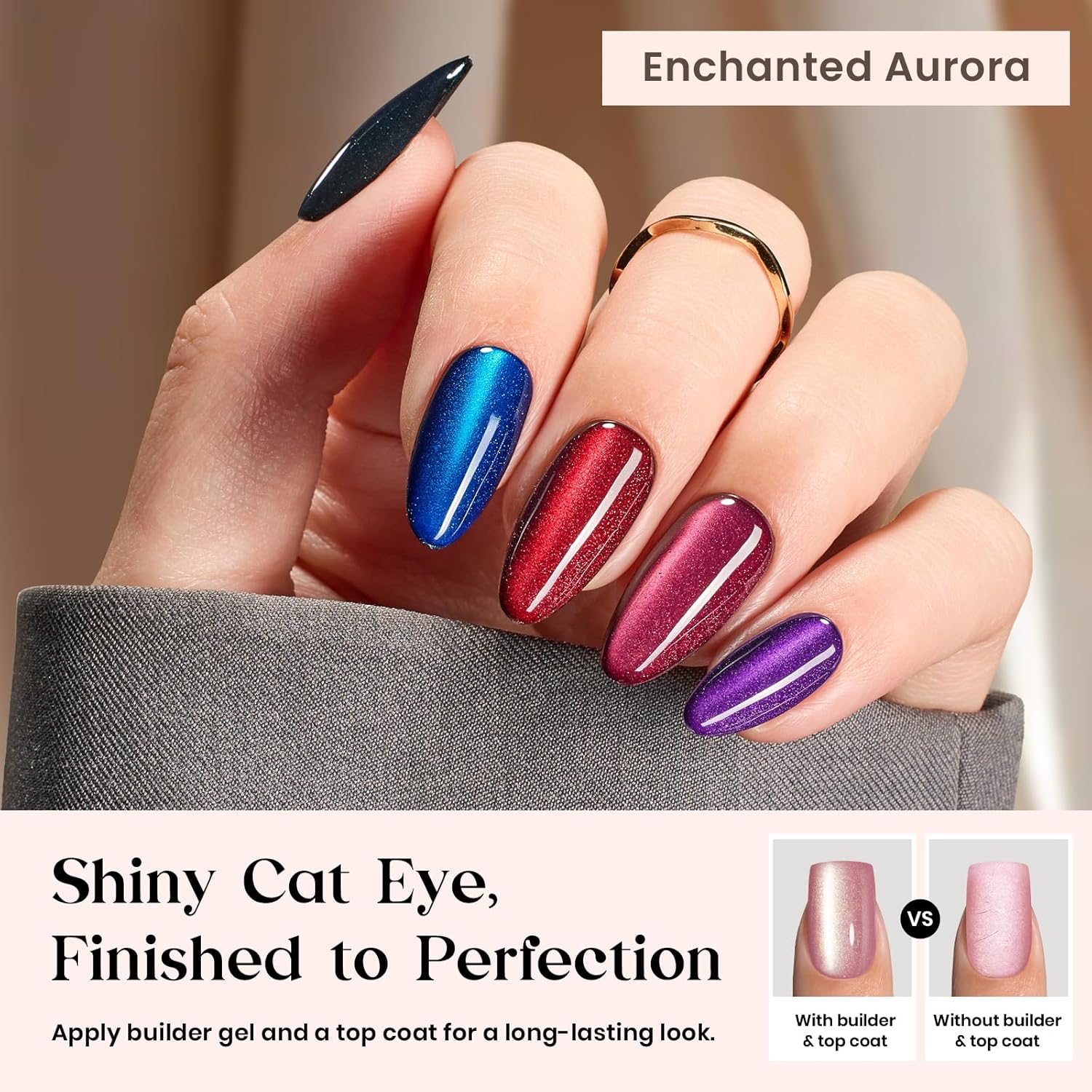 Beetles Cat Eye Nails Kit - Enchanted Aurora | 7 Colors Cat Eye Press On Nails Medium Almond | 224Pcs 16 Sizes All-in-One Kit With Nail Glue,Remover,Builder Top Coat,Nail Lamp Gift