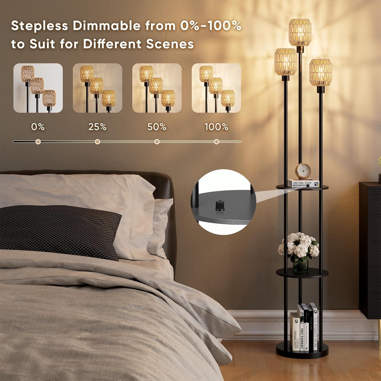 WIHTU 70" Boho Floor Lamp, Dimmable Rattan Floor Lamp with Shelves, 3 Lights Rustic Tall Lamps with Rotary Switch, Farmhouse Standing Lamps for Living Room, Bedroom，Office (Includes 3 Bulbs)