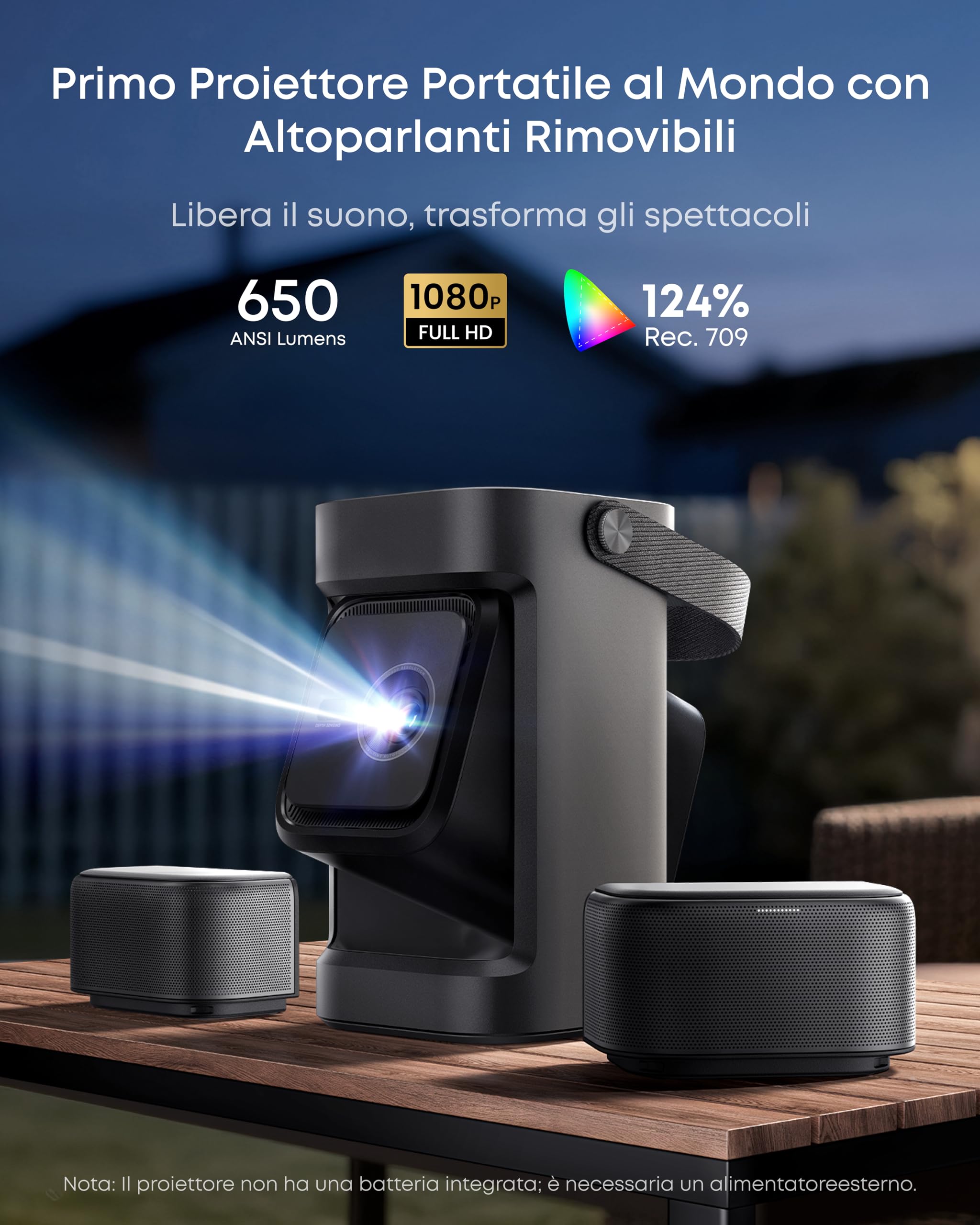 soundcore Nebula P1 Proiettore Portatile GTV Nero, Altoparlanti Rimovibili, 650 ANSI Lumen, 1080P, Suono Surround 2.0 20W, Dolby Audio, Gimbal Integrato, Regolazione Automatica, Schermo 180", Maniglia