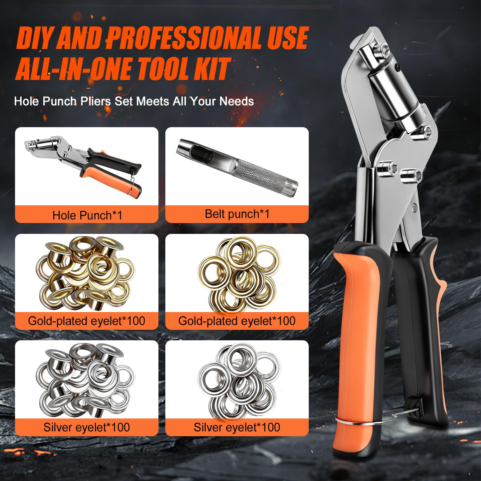 Set di attrezzi professionali per occhielli con 200 occhielli (Ø 10 mm) | Kit di attrezzi per occhielli magnetico, per teloni, pelle, tende, tende da sole, tessuto fai da te