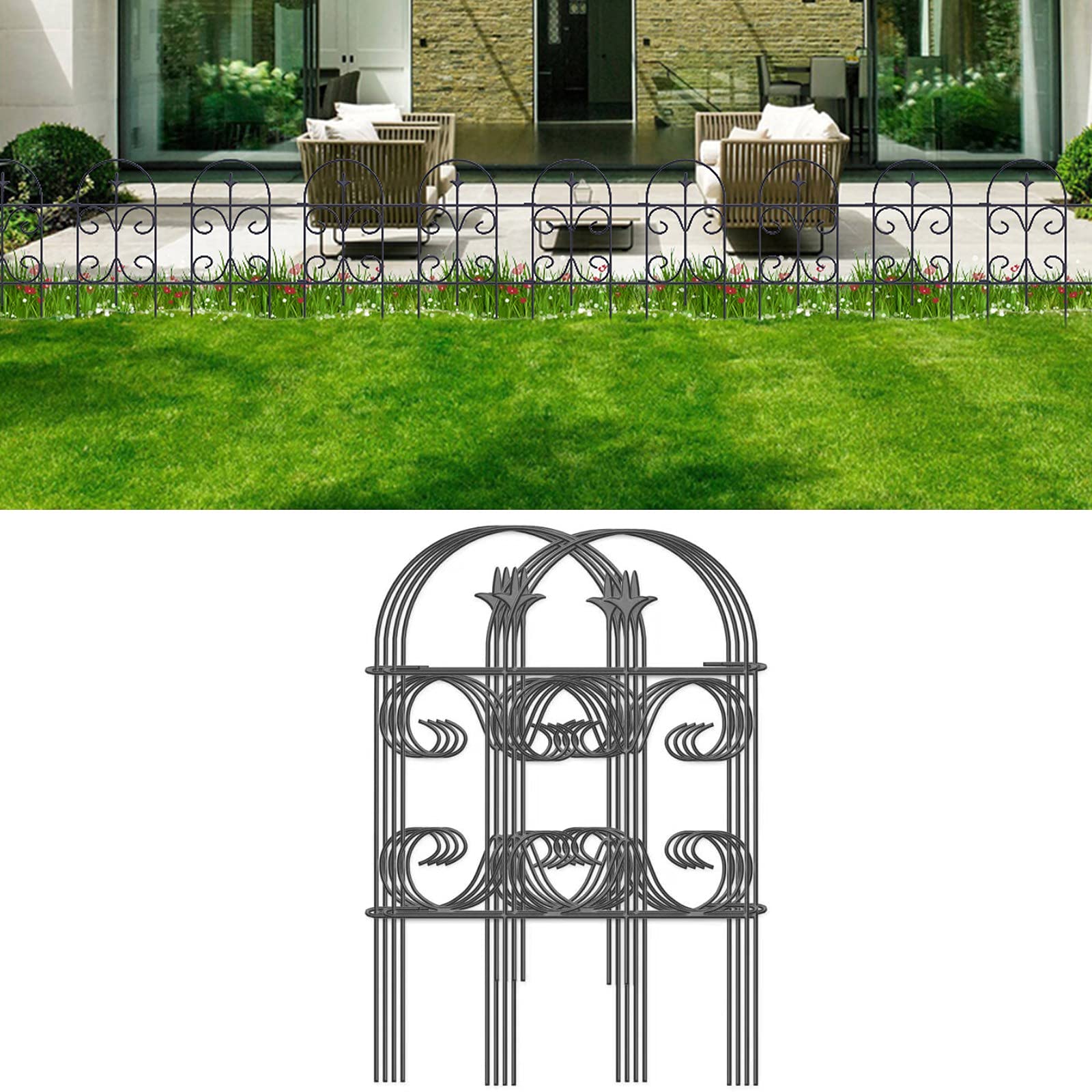Amagabeli Garden Home-Decorative Garden Fence Rustproof Iron Garden Fencing Border Edging Metal Wire Animal Barrier Flower Bed Patio Vinyl Flower-61 CM(H) x38 CM(W)-8 Panels-Black