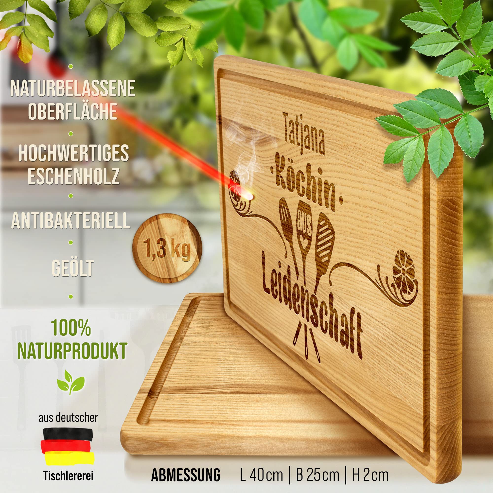 PR Print Royal Großes Holzbrett mit Gravur - Schneidebrett personalisiert - Köchin aus Leidenschaft - Geschenke für Hobbyköche zum Geburtstag | Eschenholz, 40 x 25 x 2 cm, personalisiertes Geschenk