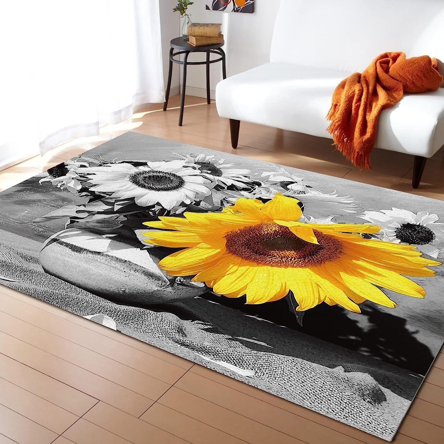 Gray Yellow Sunflower 3D Printed Floor Mats Non-Slip Doormat Carpet Printing Rugs For Living Room, Bedroom, Kitchen, Bathroom 78.7 X 118.1 Inch - Polyester Soft Touch Easy Clean With Rubber -1K9R+K9Q