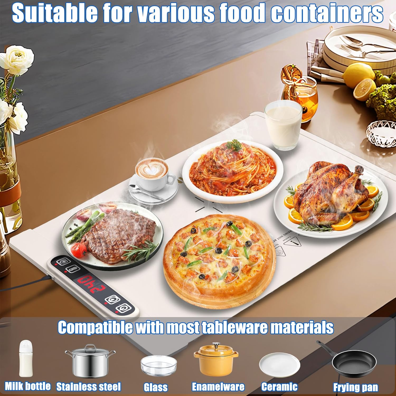 Warming Mat for Food, Food Warming Mat, Electric Warming Tray, Warming Trays for Buffets Party, Food Warmer Mat 10s Quick Heating, Roll-Up Design Heating Mat for Food, Timed Function(White)