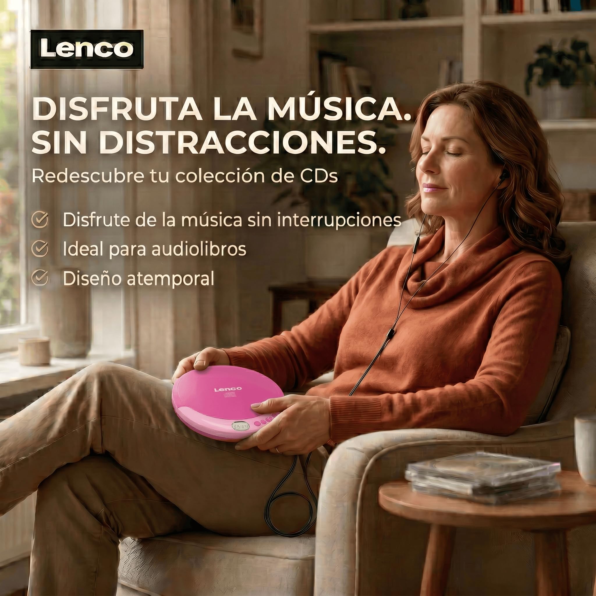Lenco CD-011PK - Reproductor de CD portátil con función de carga de batería - Pantalla LCD - Diskman - CD walkman - con auriculares y cable de carga micro USB - Rosa