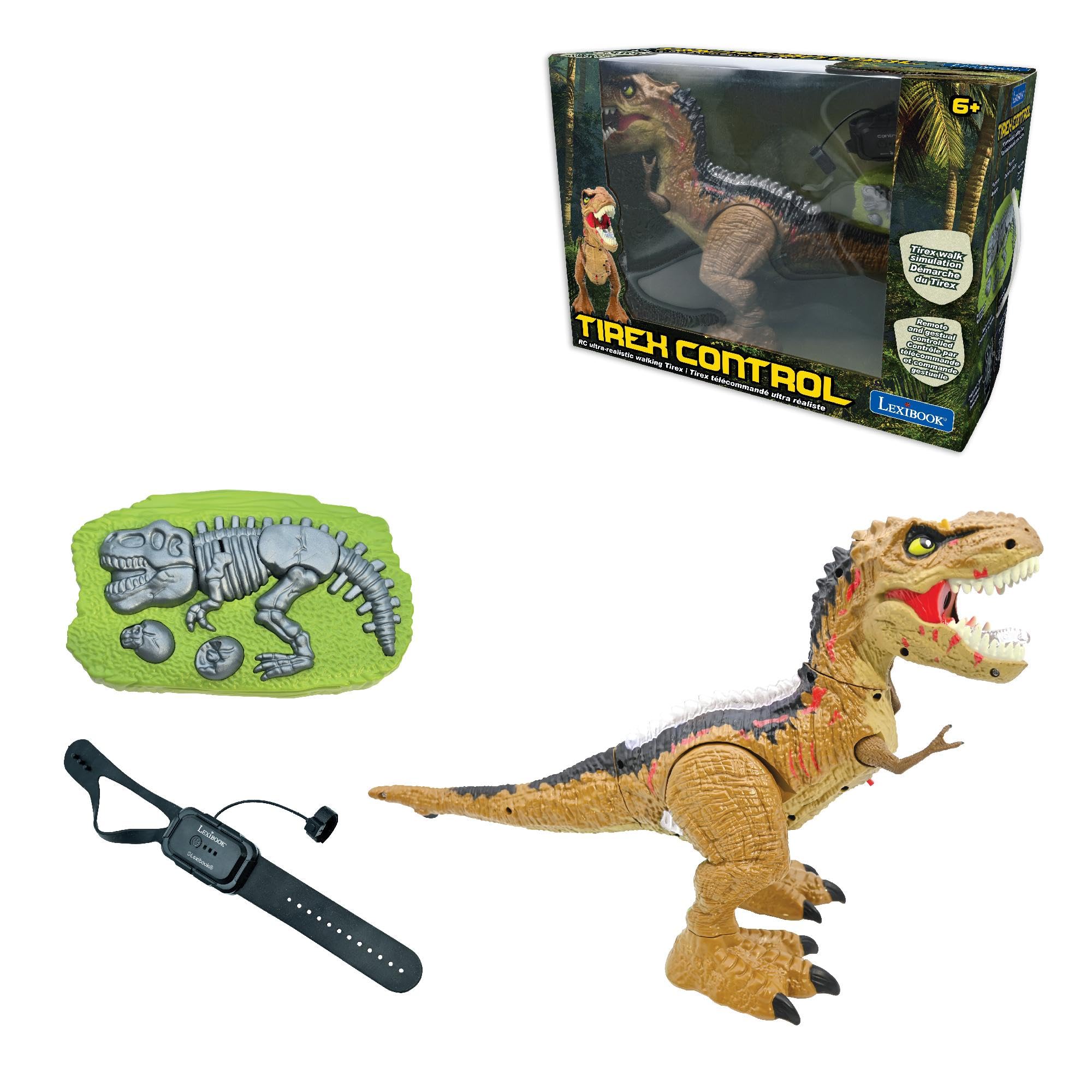 Lexibook - Tirannosauro di Controllo RC, Dinosauro Realistico, Movimenti articolati, Ruggito, Sputo di Fumo, Effetti di Luce, Ricaricabile, Fossili e telecomandi Portatili Inclusi, DINO02LXB