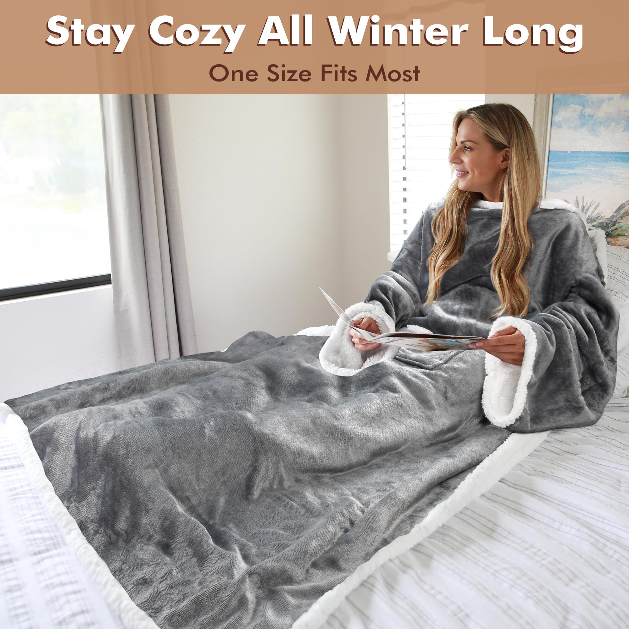 Fuzzy Sherpa Wearable Fleece Blanket Sherpa Blanket With Sleeves