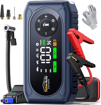 Booster Avviamento Auto 8000A con Compressore 150PSI, YaberAuto Avviatore Batteria Auto per Tutti Gas/10.0L Diesel/Veicoli Ibridi, 12V Starter Batteria, 800 lumen Torcia, Avviamento Forzato
