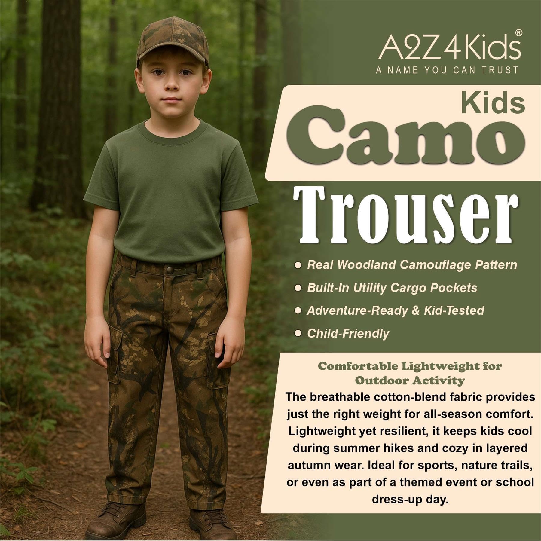 A2Z 4 Kids Pantaloni cargo mimetici da bambino, stile militare, con tasche e chiusura con zip/bottone, ideali per scuola, giochi estivi, escursioni e divertimento all'aperto, età da 6 a 14 anni