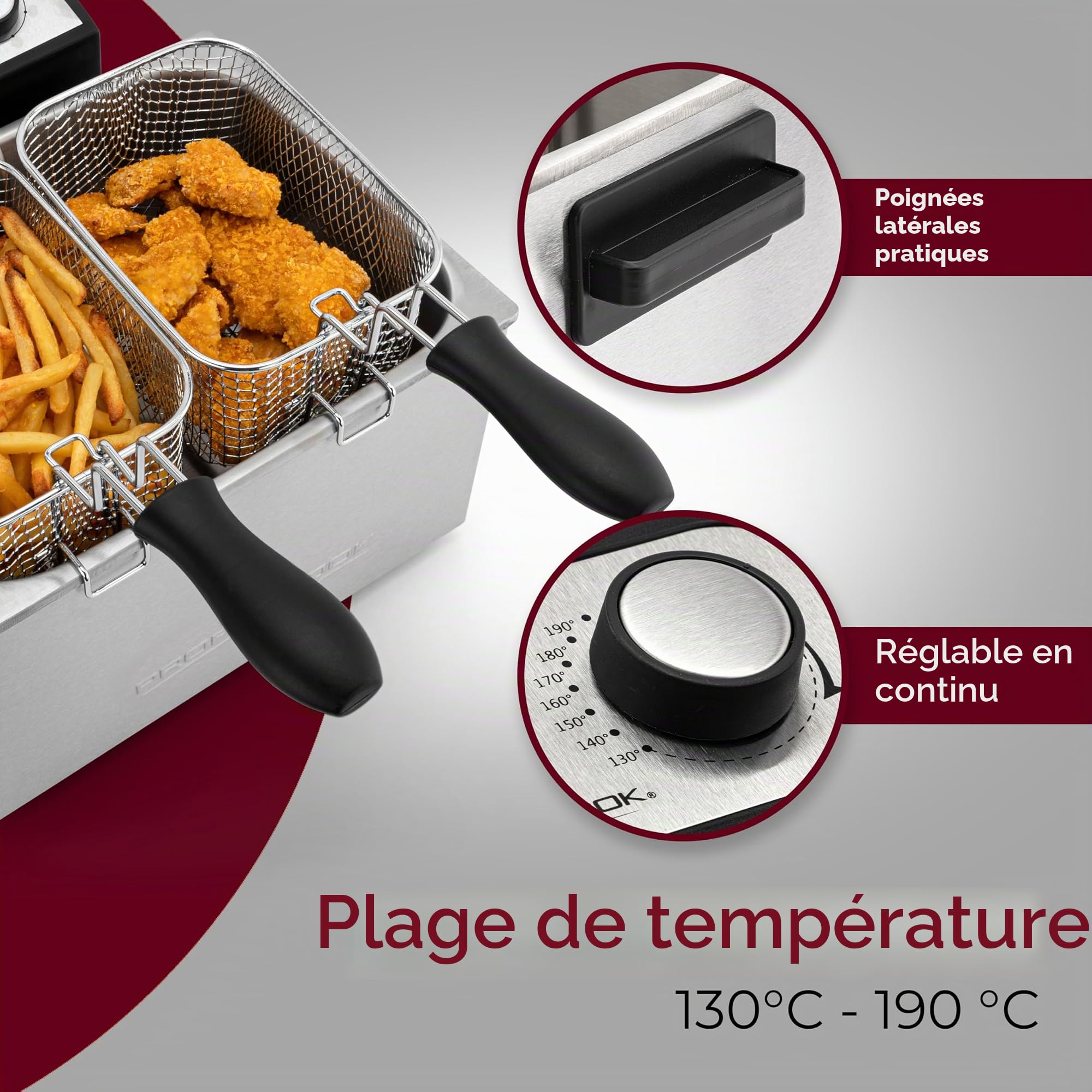 ProfiCook PC-FR 1038 Friteuse double, 2 petits & 1 grand paniers à friture, capacité 5 litres, filtre permanent contre les odeurs et les graisses, 3000 watts, boîtier en inox