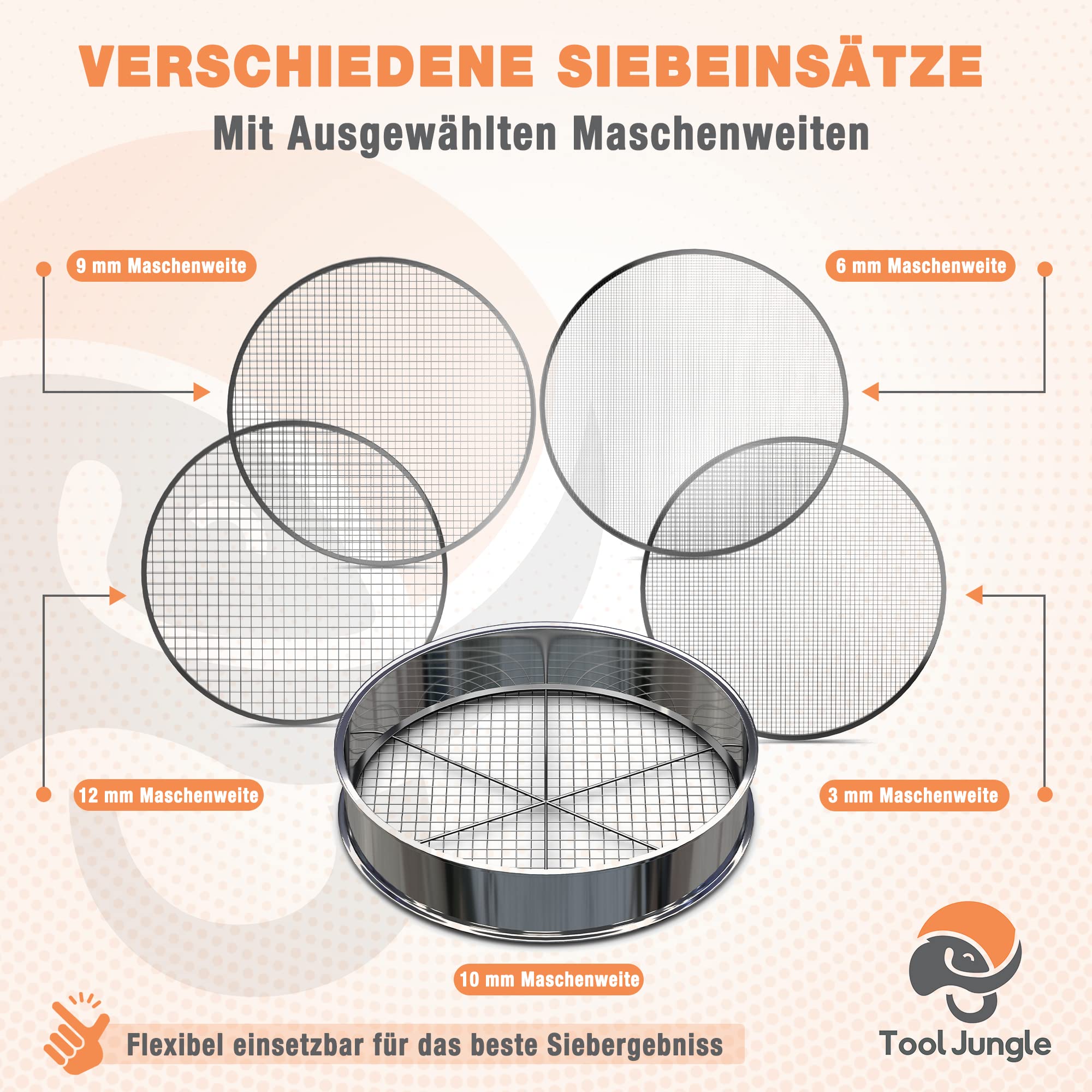Tool Jungle- Gartensieb aus Edelstahl - inkl. 5 Siebeinsätze Ø 3,5,8,9,12mm – Kompostsieb Witterungsbeständig – mit zusätzlicher Querstrebe für mehr Halt