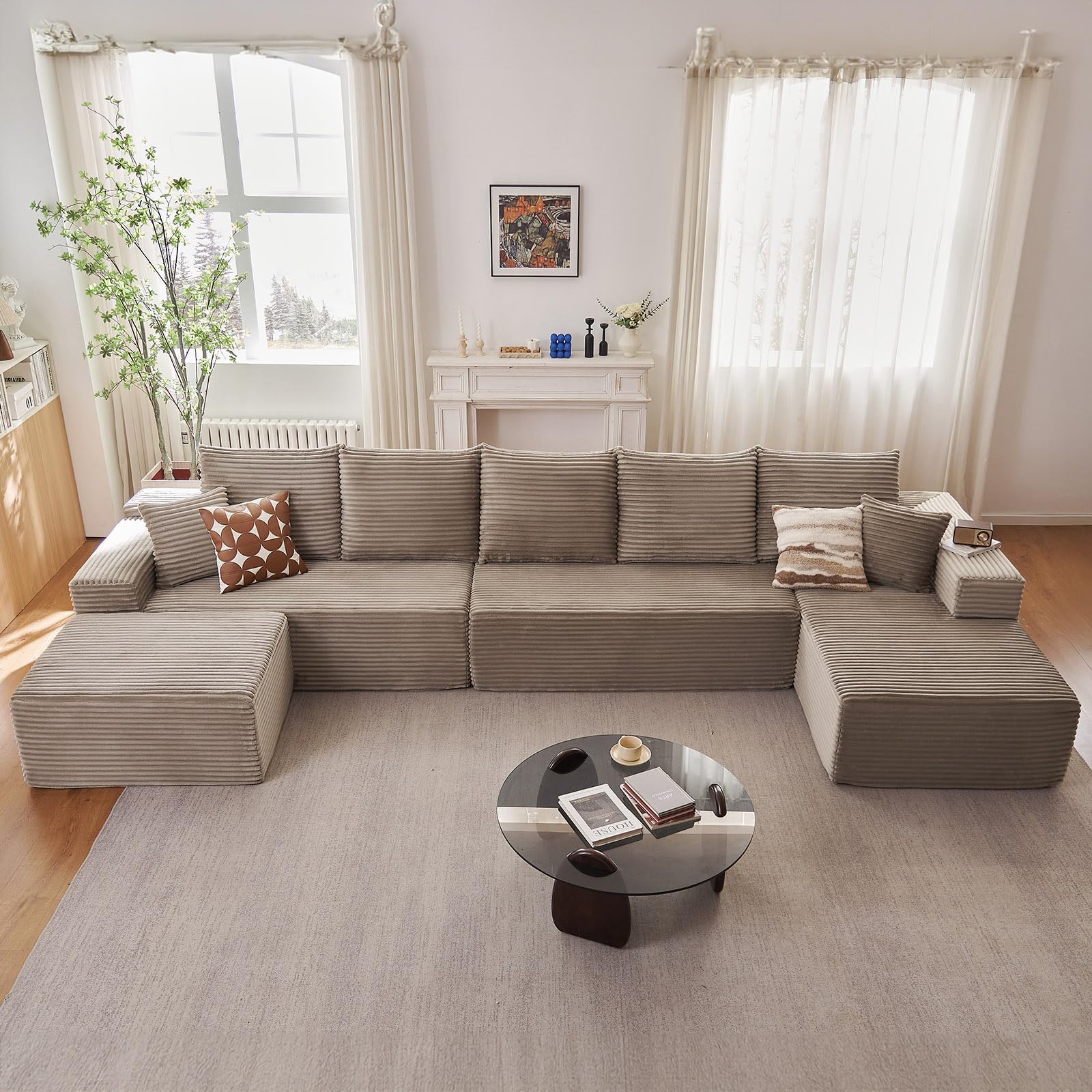 Oversized Modular Sectional Sofa Couch, Large 6 Seater Corner Sofa Modern U Shaped Sectional Couch Cloud Couches for Living Room, Office, Spacious Space, Corduroy, No Assembly Required, Camel