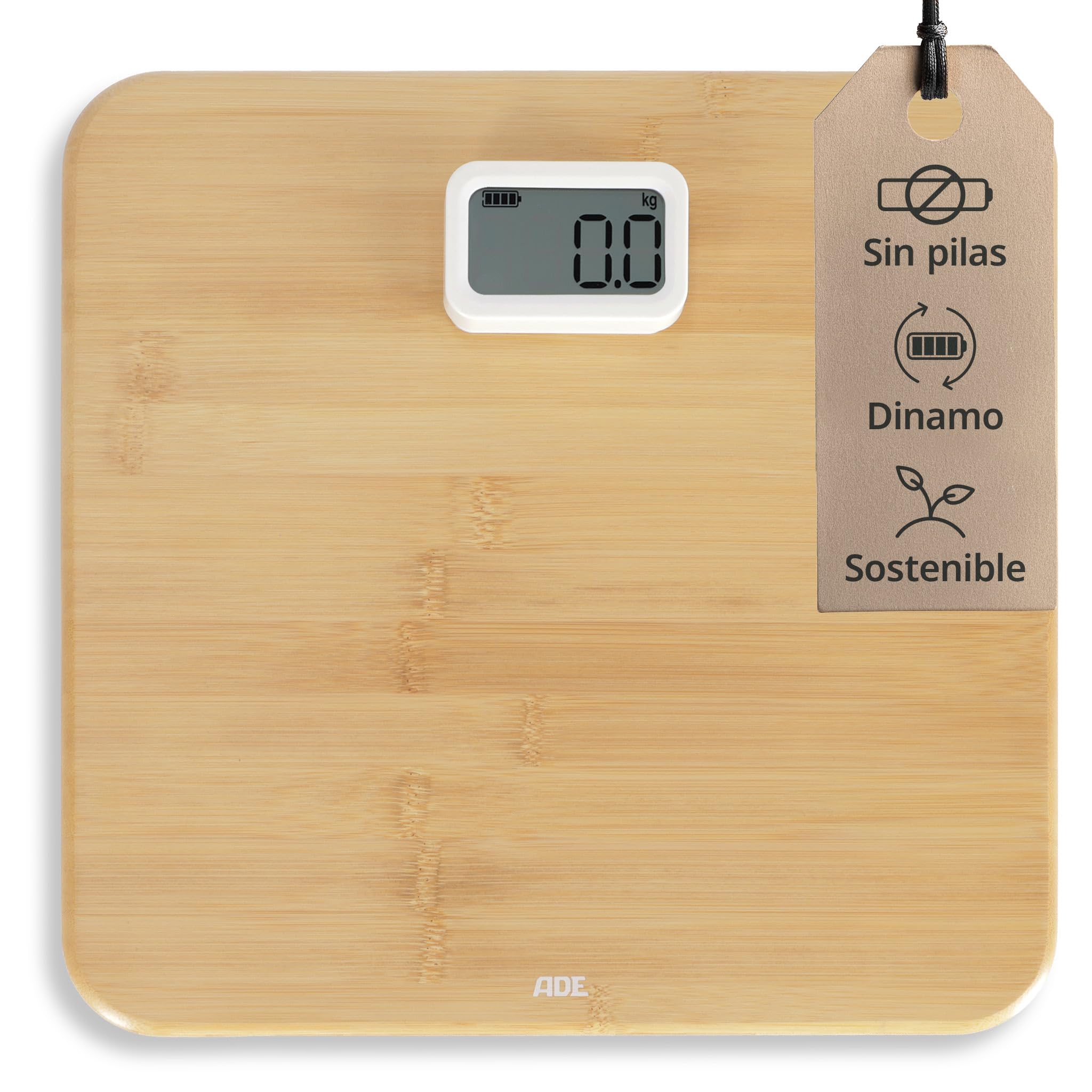ADE Báscula corporal digital sin pilas | con dinamo respetuoso al medio ambiente | resultados de pesaje precisos en pasos de 100 g | superficie de pesaje de auténtica madera de bambú | hasta 150 kg