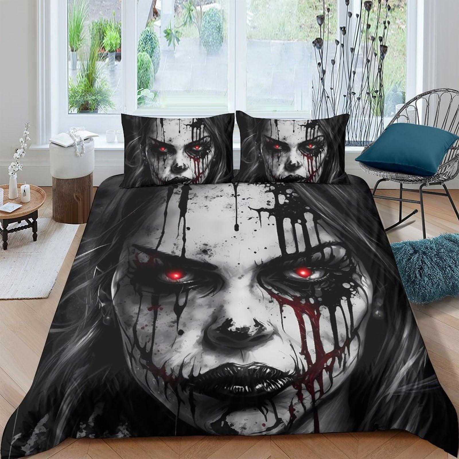TUFRTGYHN 3D Printed Horror Bloody Face Duvet Cover Microfiber Soft Breathable Gothic Skull Bedding Set with 2 Pillowcases for Bedroom Decor, Single（135x200cm）