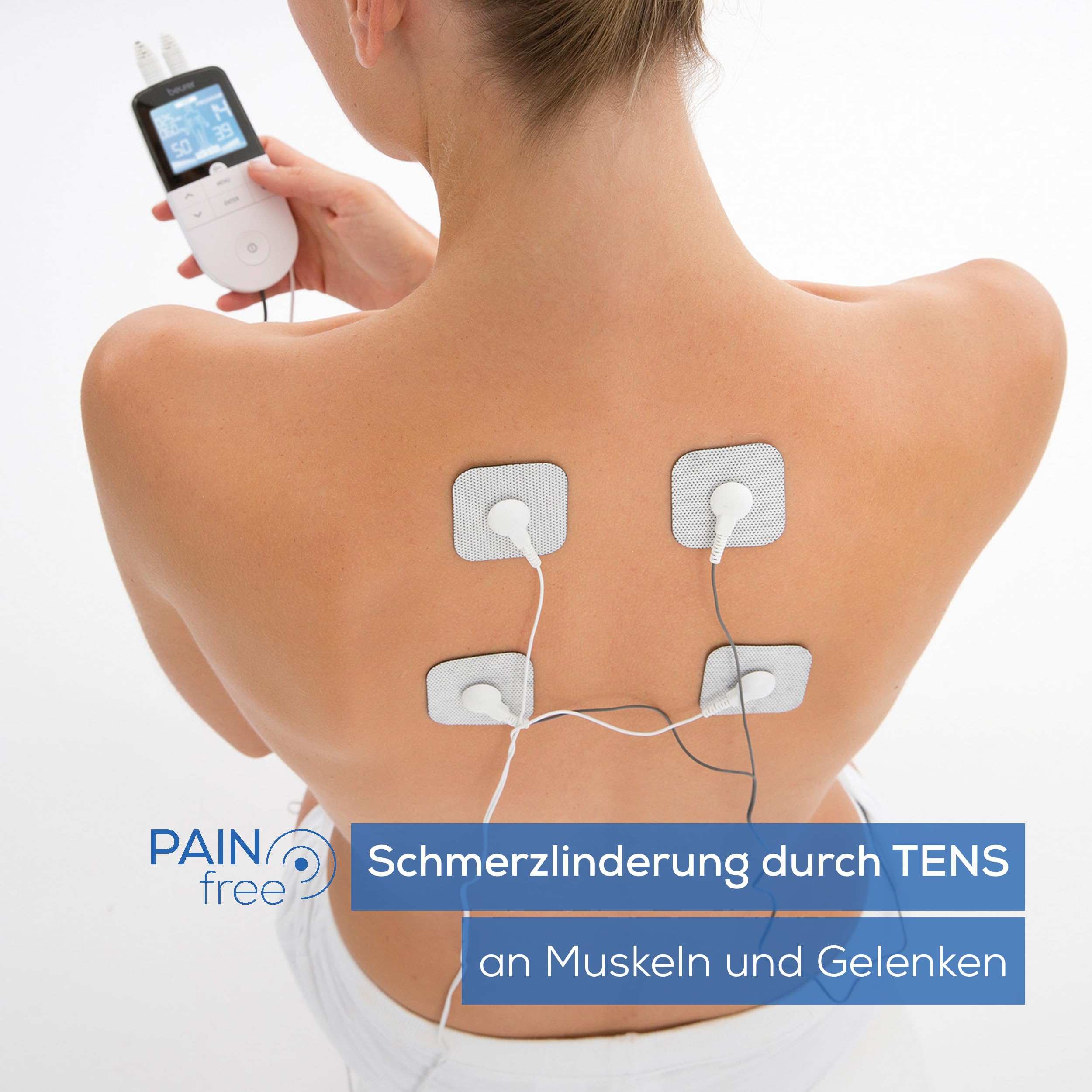 Nahaufnahme der Beurer EM 49 Elektrodenpads und des digitalen Displays.
