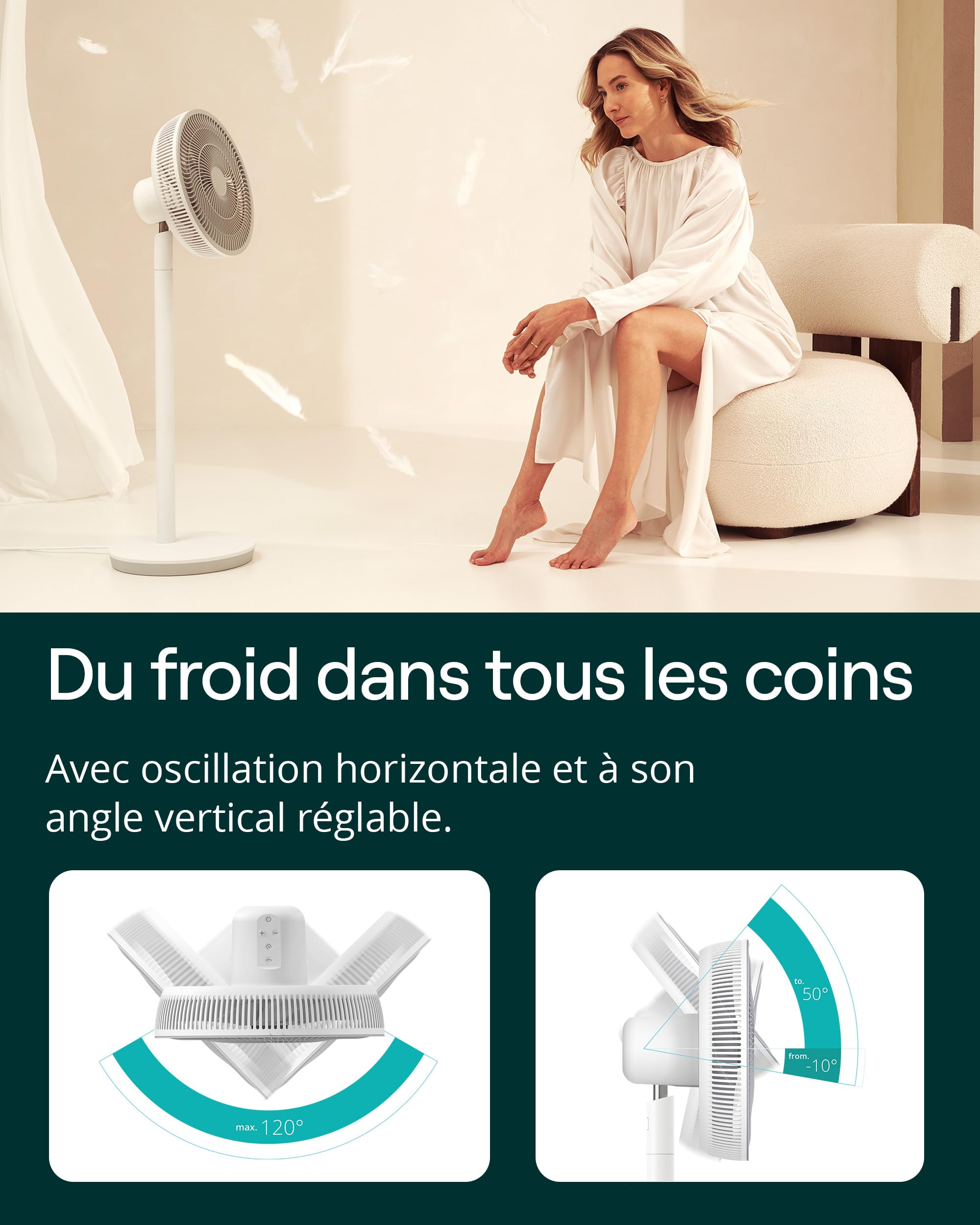 Duux Whisper Essence Ventilateur sur Pied Silencieux - Oscillation horizontale automatique - Très économique avec une consommation de 16W - Blanc