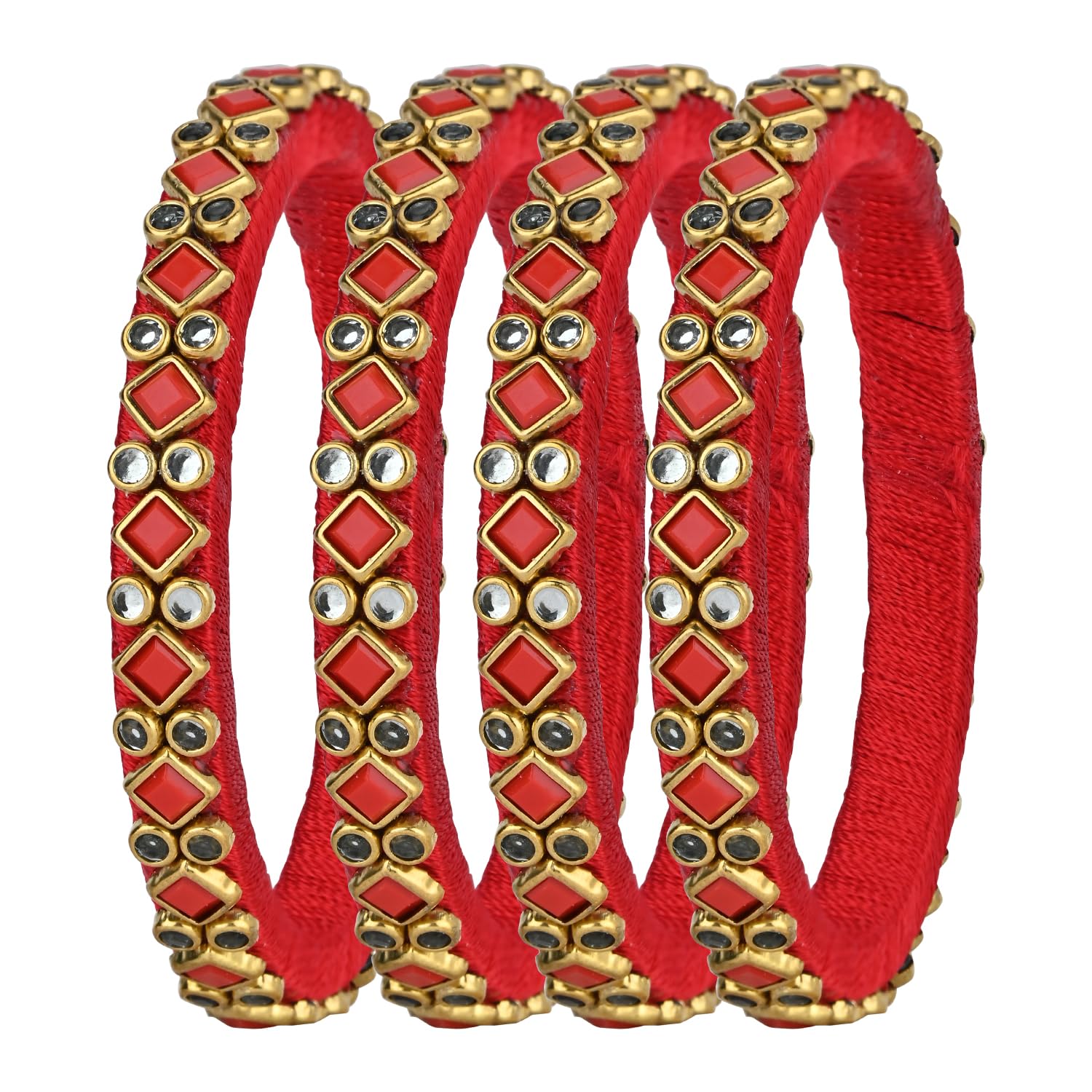 Asthetika Kids Silk Thread Square Kundan Stone Set of 4 Bangles for Girls Sizes 2.0 and 1.14 Suitable Age: 3-9 Years (Red, 1.14)