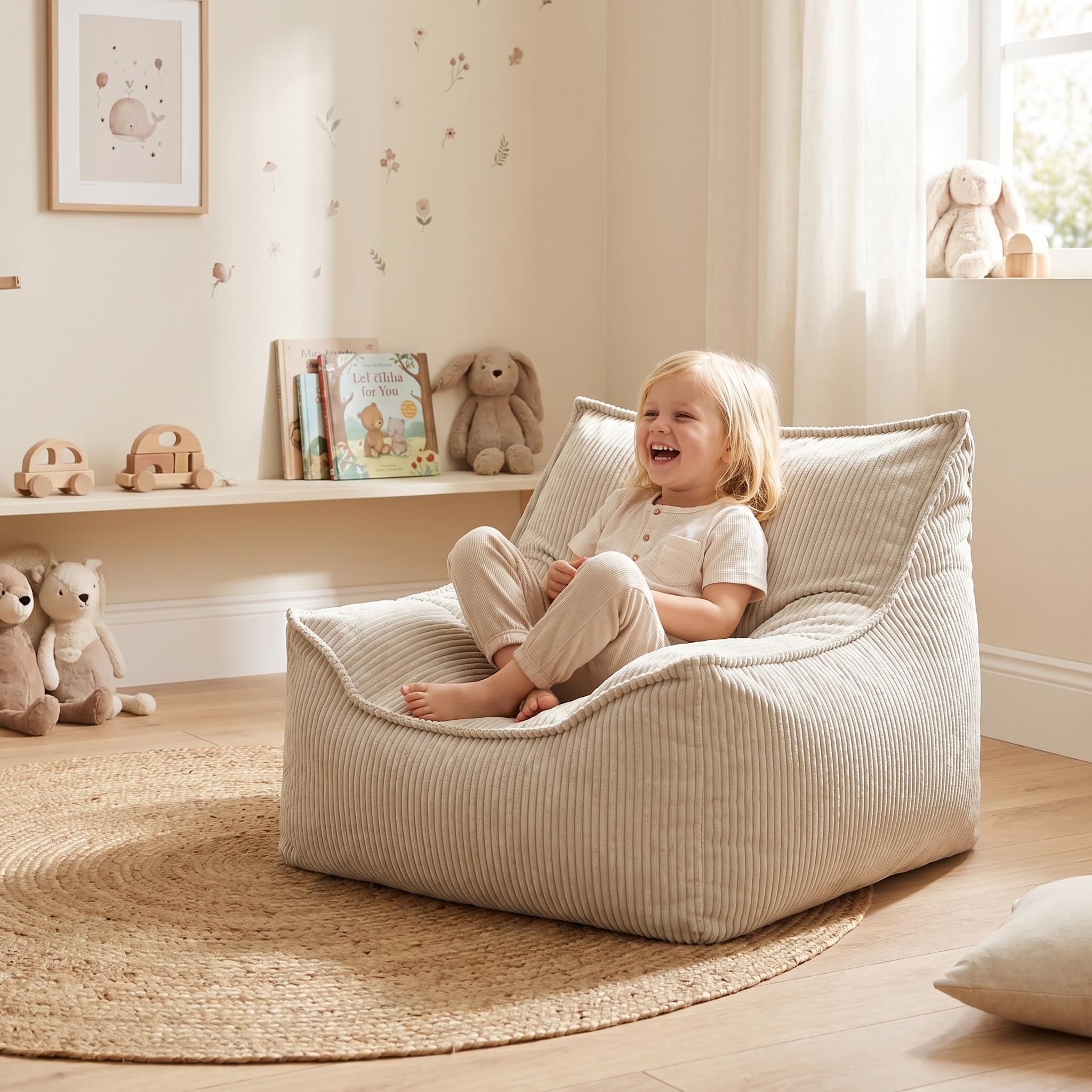 Bellabino Cleo Kindersitzsack – Sitzsack für Kinder aus Cord mit Füllung – Kindersessel Beige 50x75x60 cm (HxTxB)