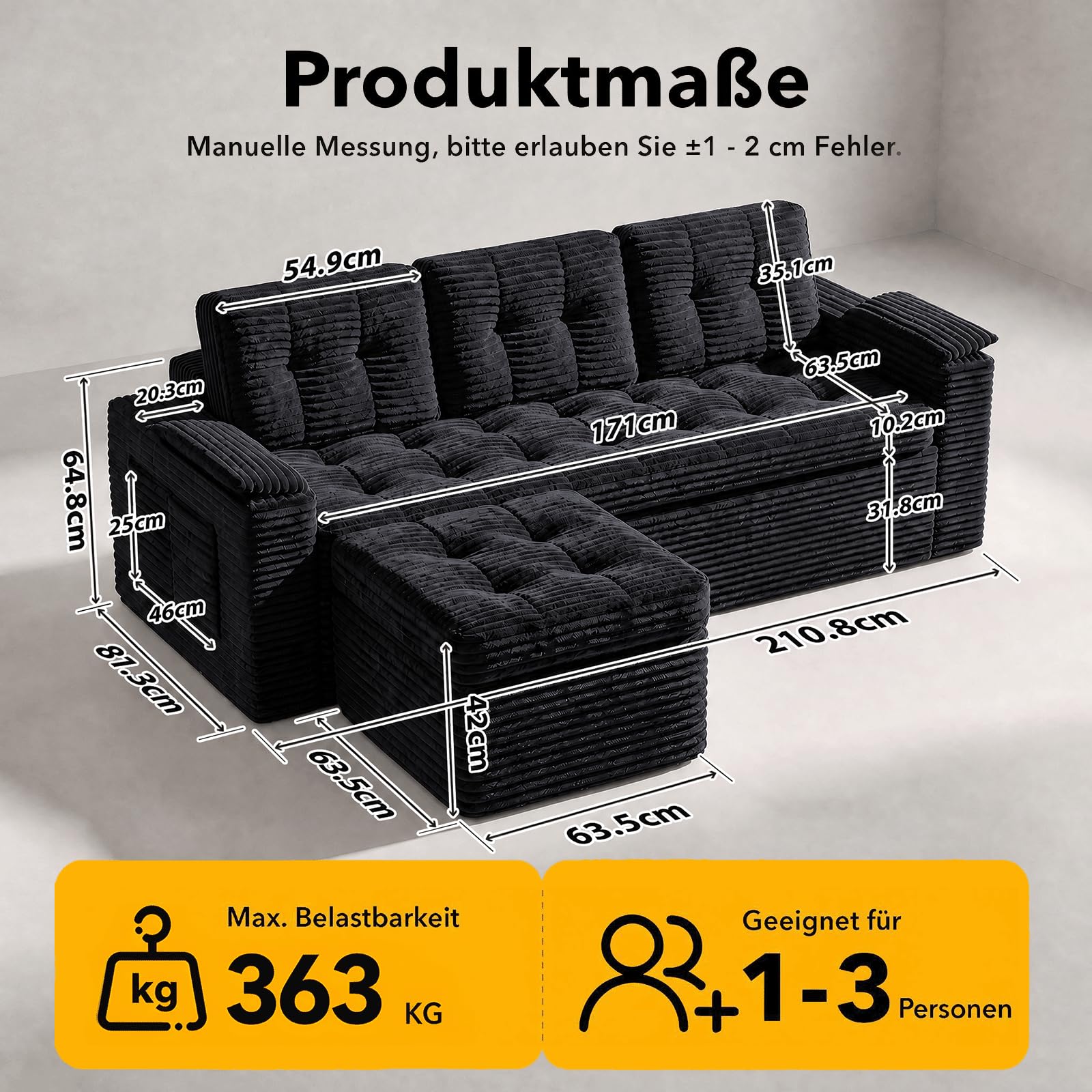 Fabulcozy 3-Sitzer Sofa 210 cm aus Cord mit Fußstütze, Seitentaschen, Armlehnenkissen und 3 Kissen inklusive, Bequeme Polsterung, für Wohnzimmer, Apartment,Schwarz