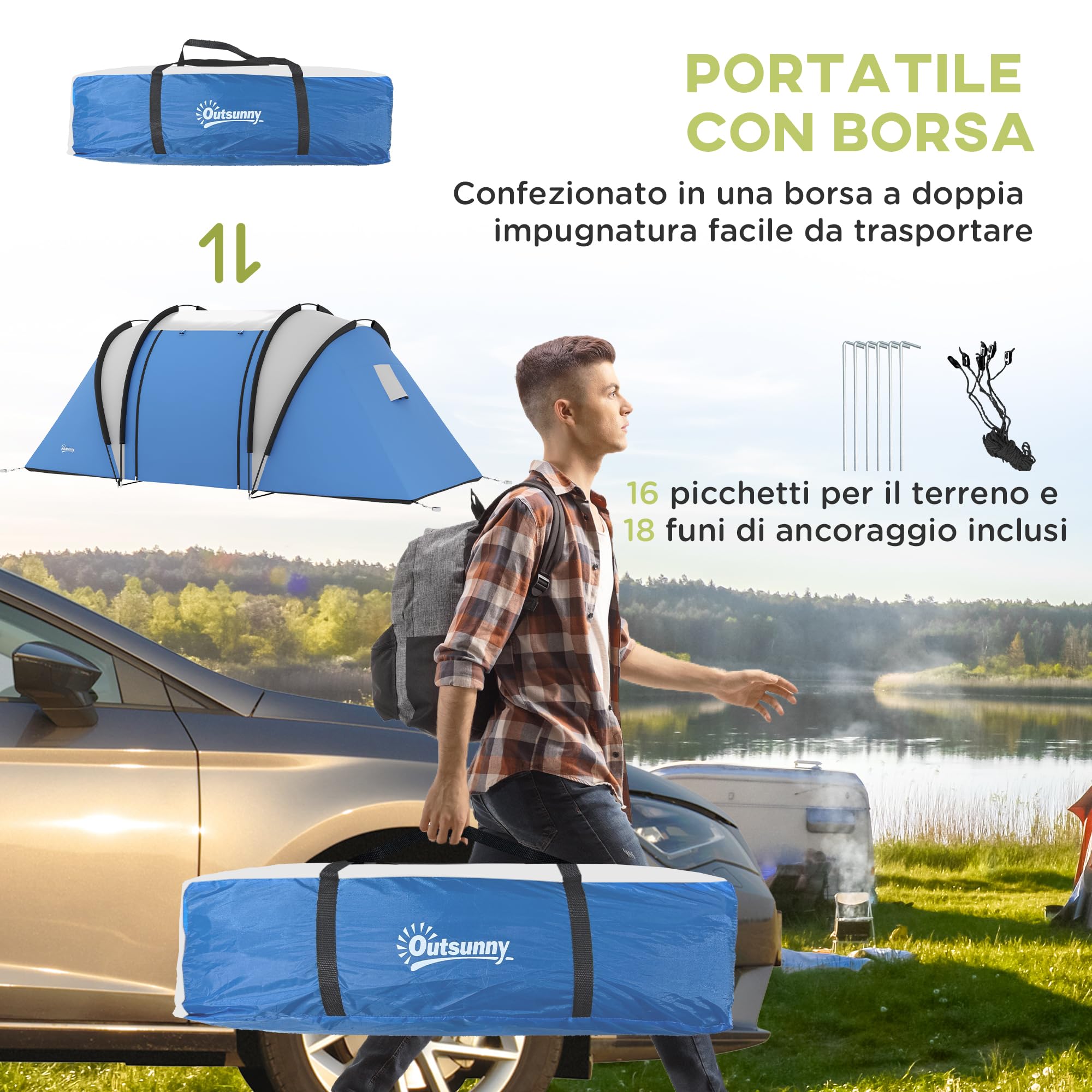 Outsunny Tenda da Campeggio 2 Posti con 2 Stanze, Tenda a Tunnel Familiare Impermeabile 3000mm con Borsa di Trasporto, 220x450x180 cm, Blu