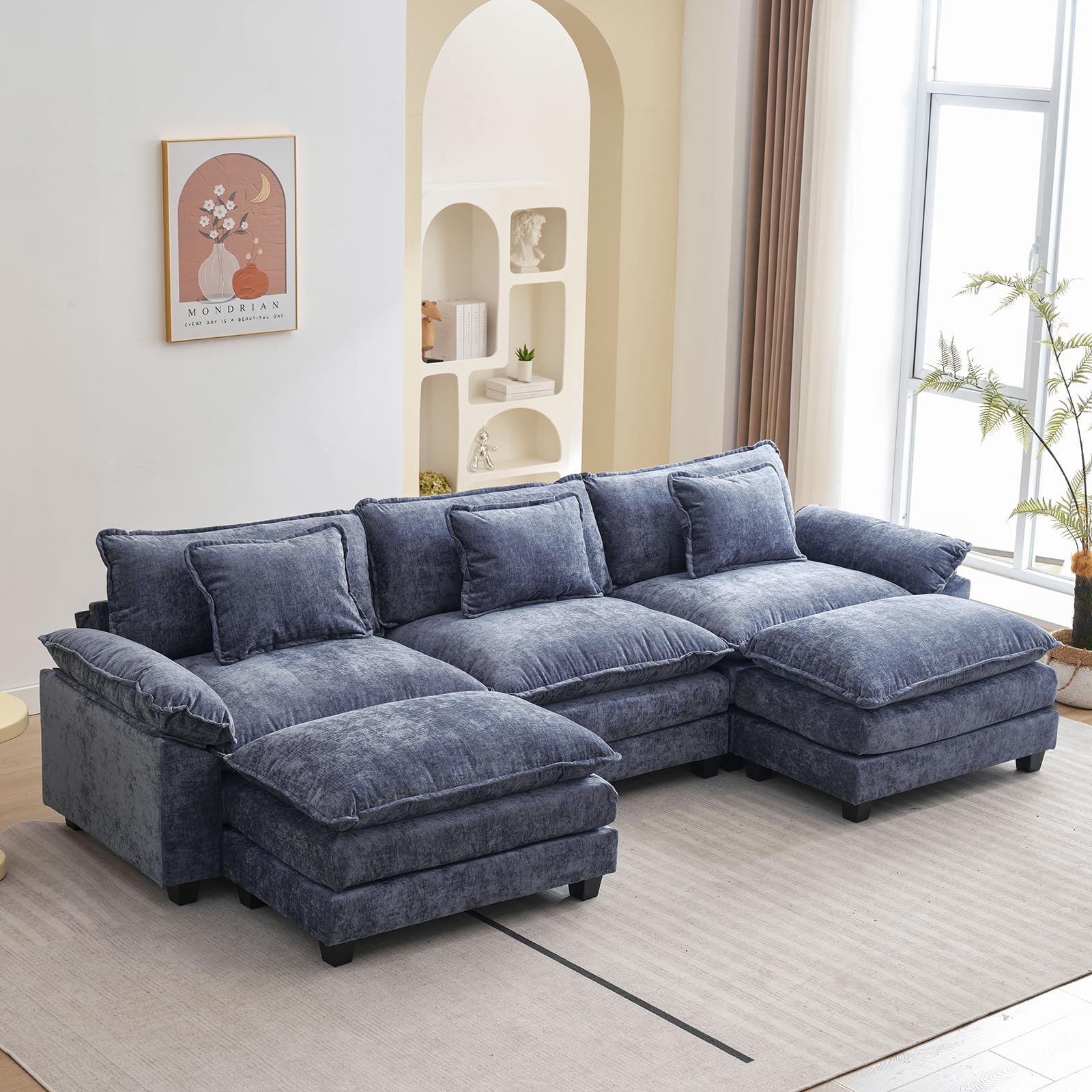( incomplete, only box 2 of 2 ) Modular Sectional Sofa, Comfy Cloud Couch Sectional Sofa with Ottoman, Chenille Sofa Sleeper Deep Seat Sofa with Throw Pillows for Living Room (Blue, 120"- U Shape)